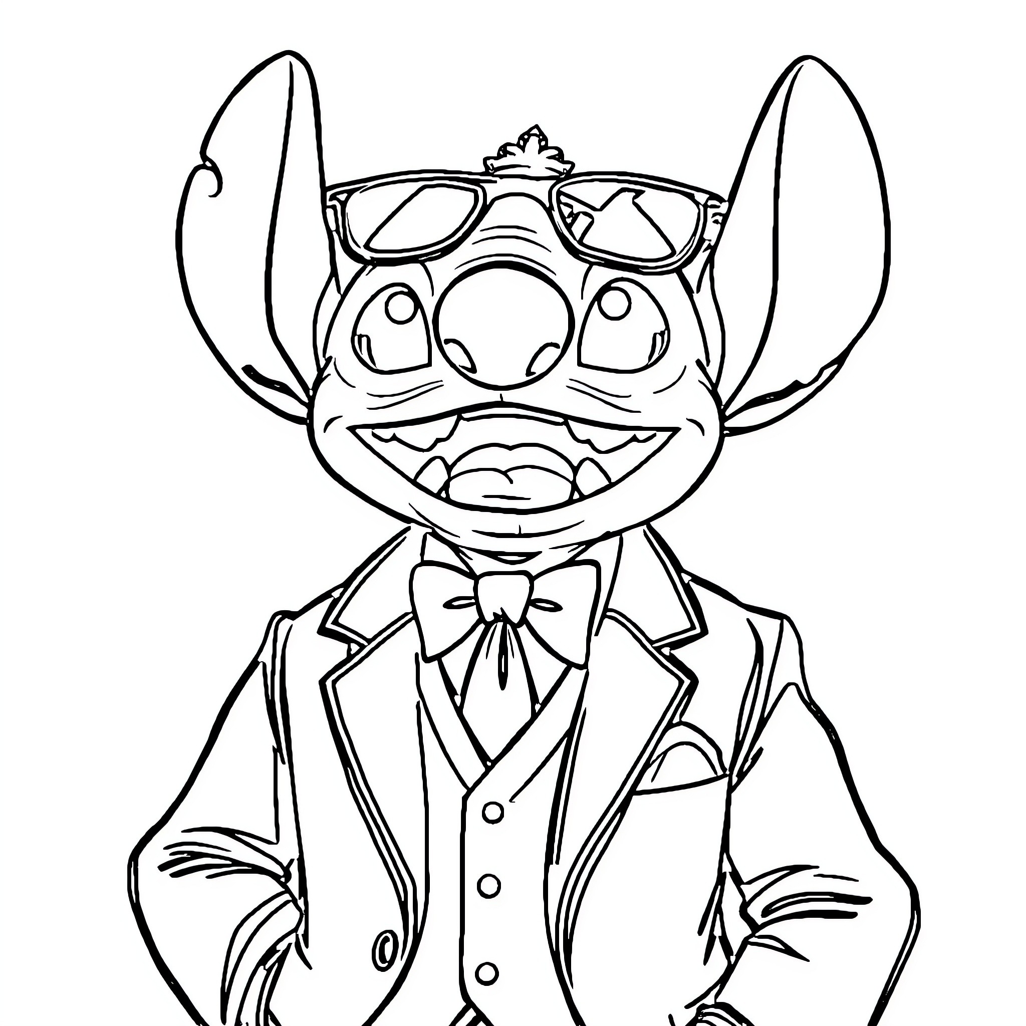 Stitch dressed up in a suit and tie Coloring Page (free black-and-white line drawing printable PDF for all, from beginners to advanced learners, including children, teens, adults, and seniors)