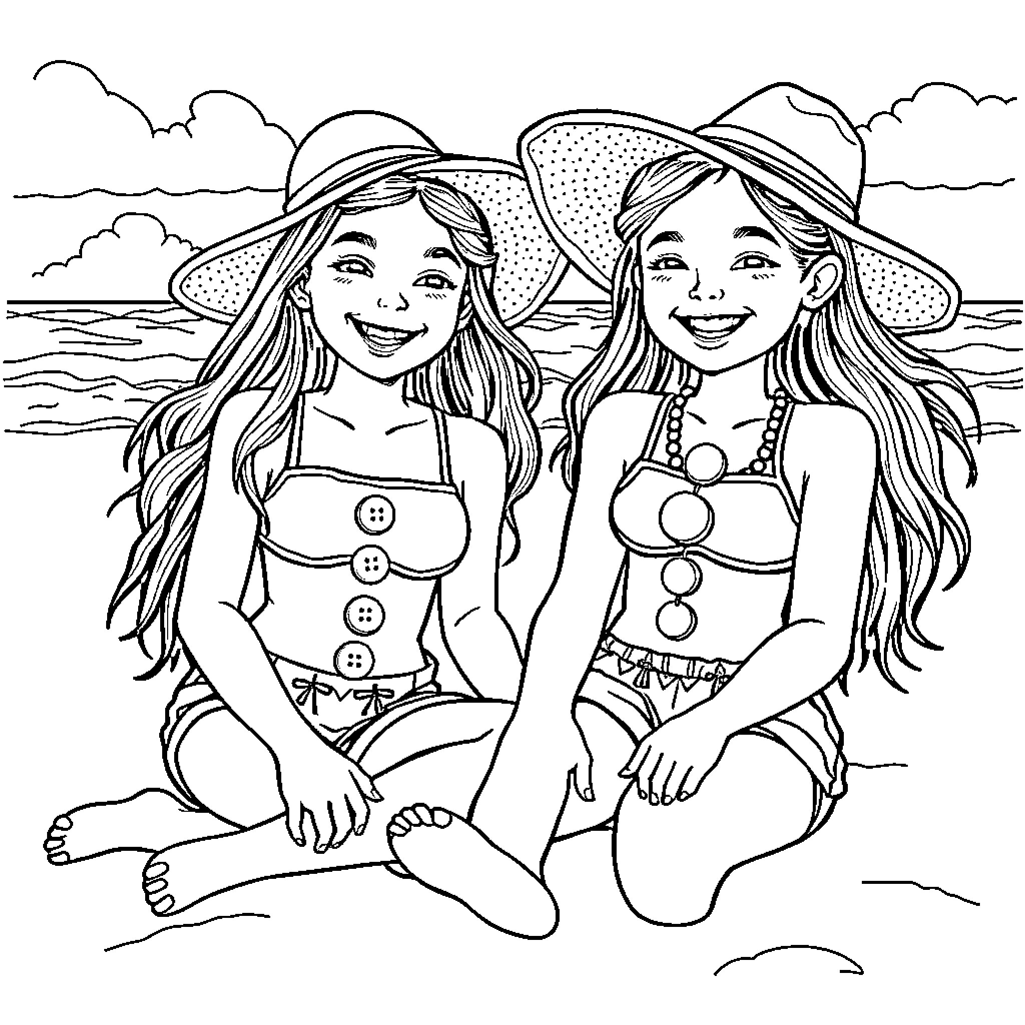 Girls enjoy summer day at the beach Coloring Page (free black-and-white line drawing printable PDF for all, from beginners to advanced learners, including children, teens, adults, and seniors)