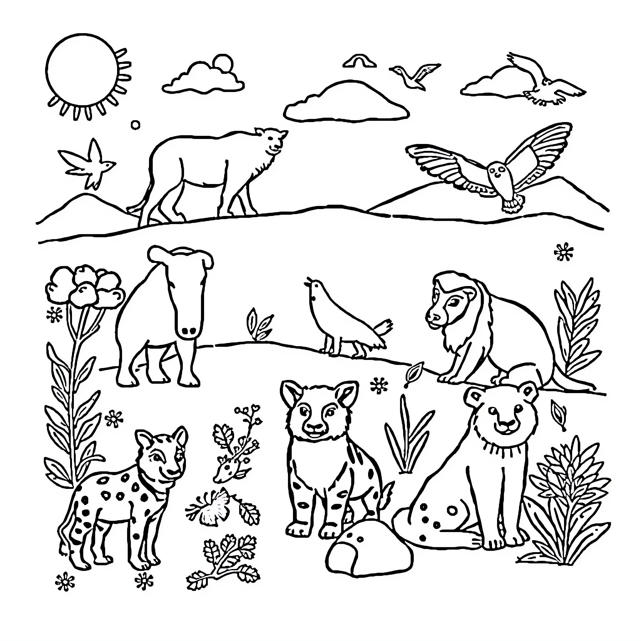 Animal characters in a natural landscape Coloring Page (free black-and-white line drawing printable PDF for all, from beginners to advanced learners, including children, teens, adults, and seniors)