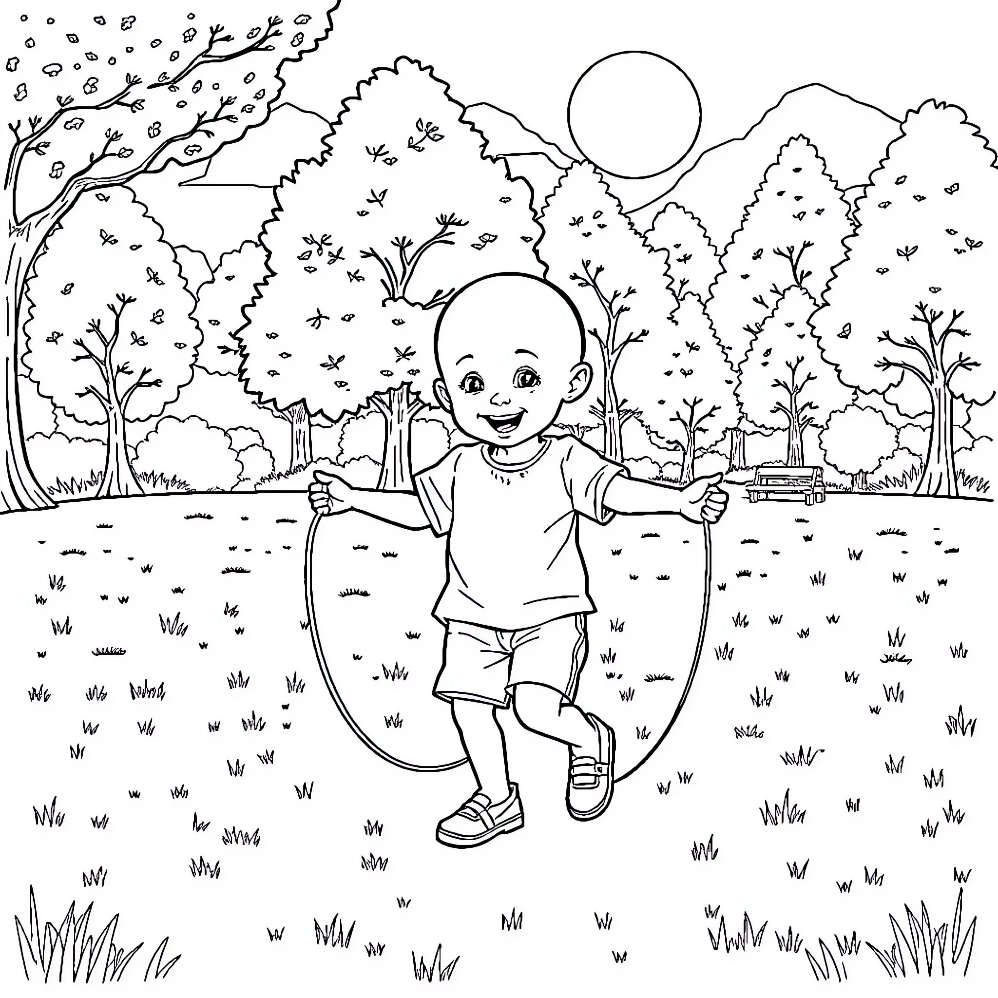 Child playing with a jump rope in a park Coloring Page (free black-and-white line drawing printable PDF for all, from beginners to advanced learners, including children, teens, adults, and seniors)