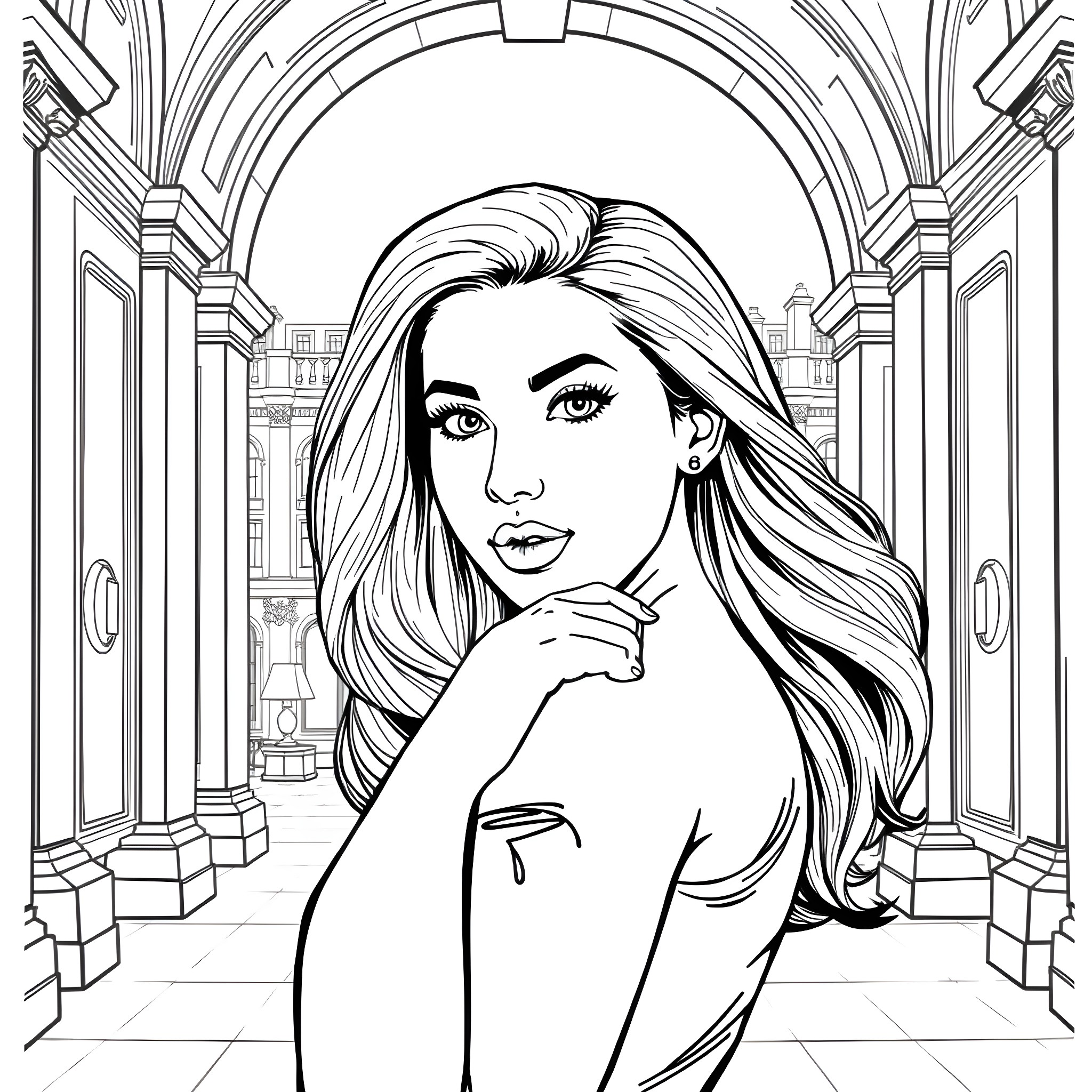 Angela White in a Thoughtful Pose Against an Architectural Backdrop Coloring Page (free black-and-white line drawing printable PDF for all, from beginners to advanced learners, including children, teens, adults, and seniors)
