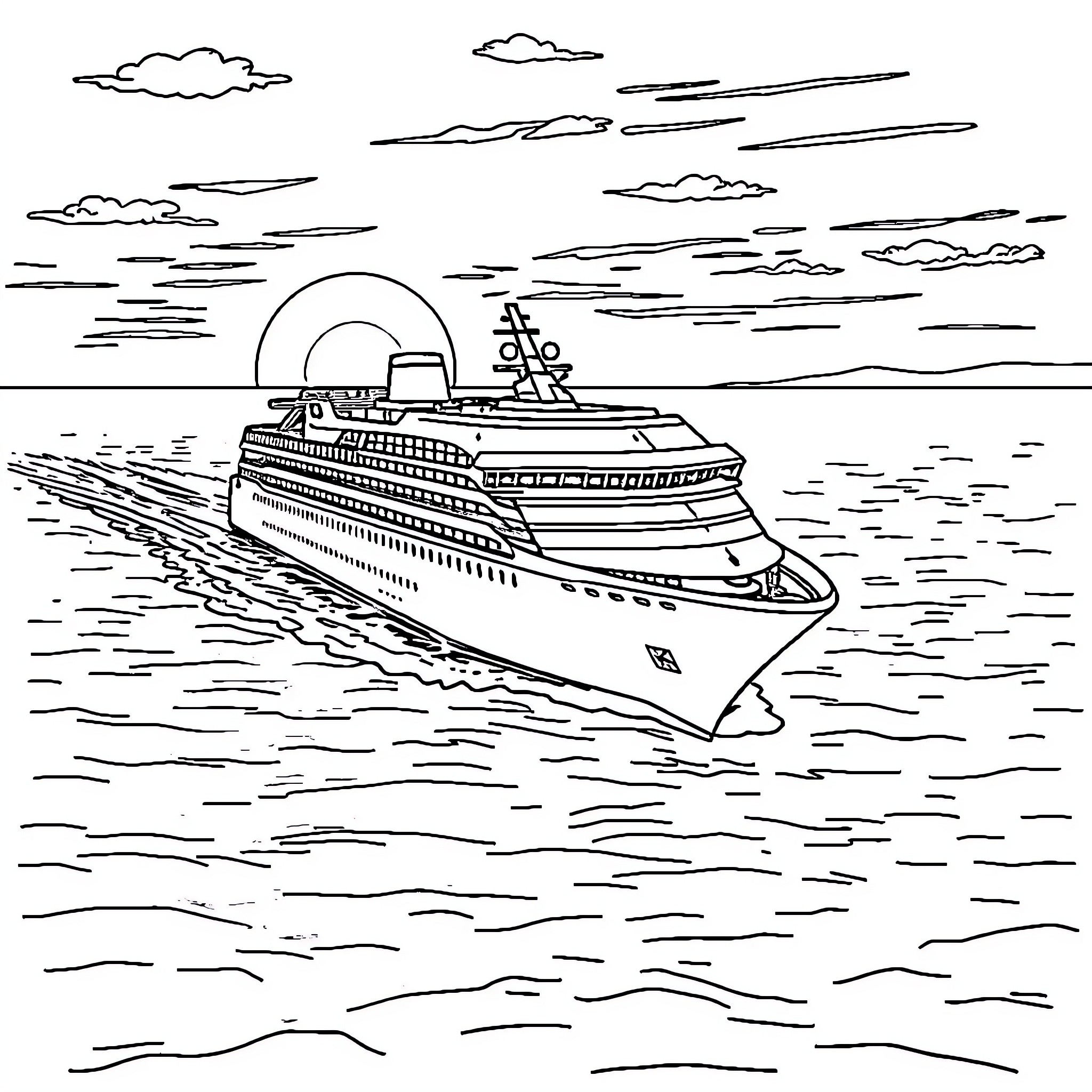 Cruise Ship Sailing on the Open Sea Coloring Page (free black-and-white line drawing printable PDF for all, from beginners to advanced learners, including children, teens, adults, and seniors)