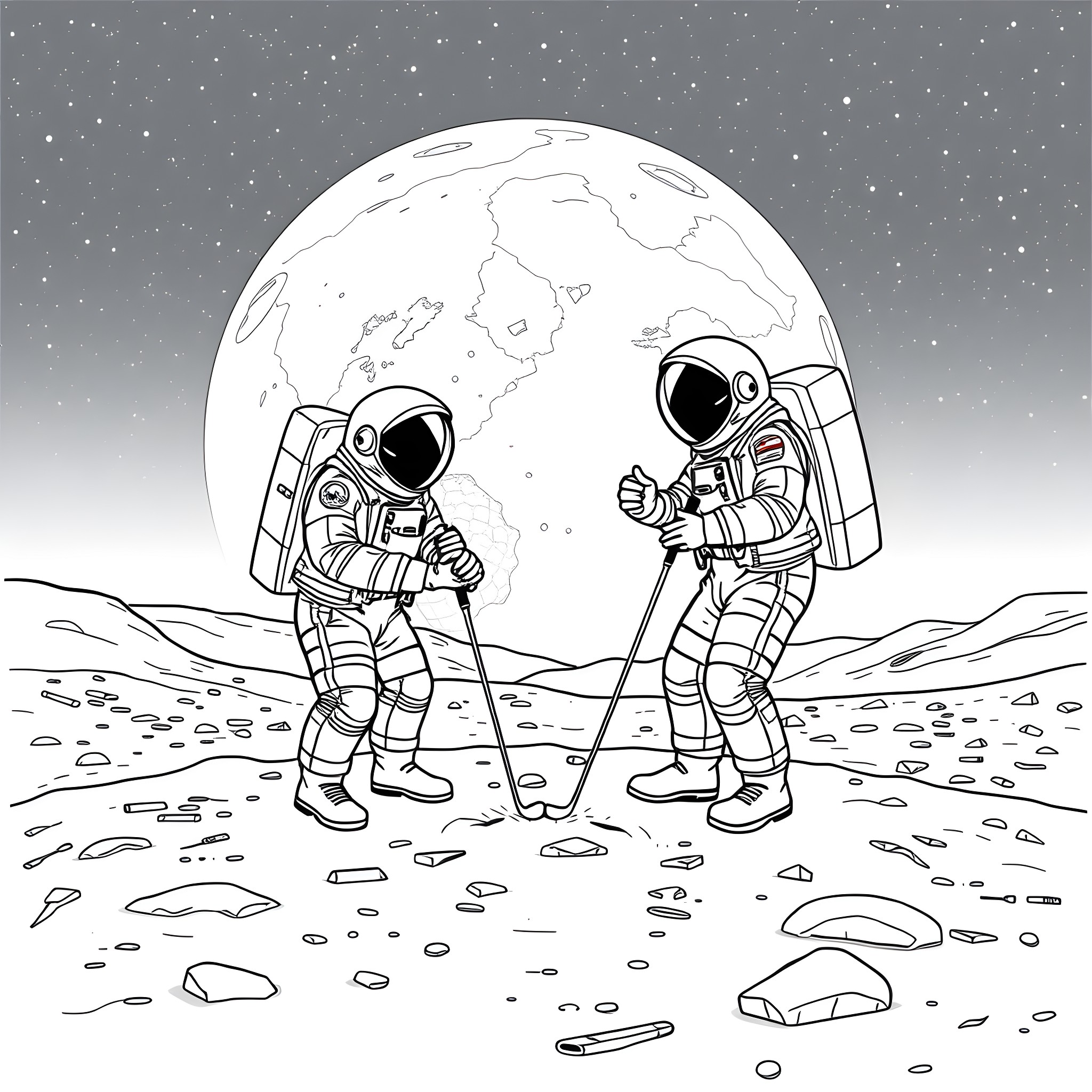 Astronauts exploring the lunar surface Coloring Page (free black-and-white line drawing printable PDF for all, from beginners to advanced learners, including children, teens, adults, and seniors)