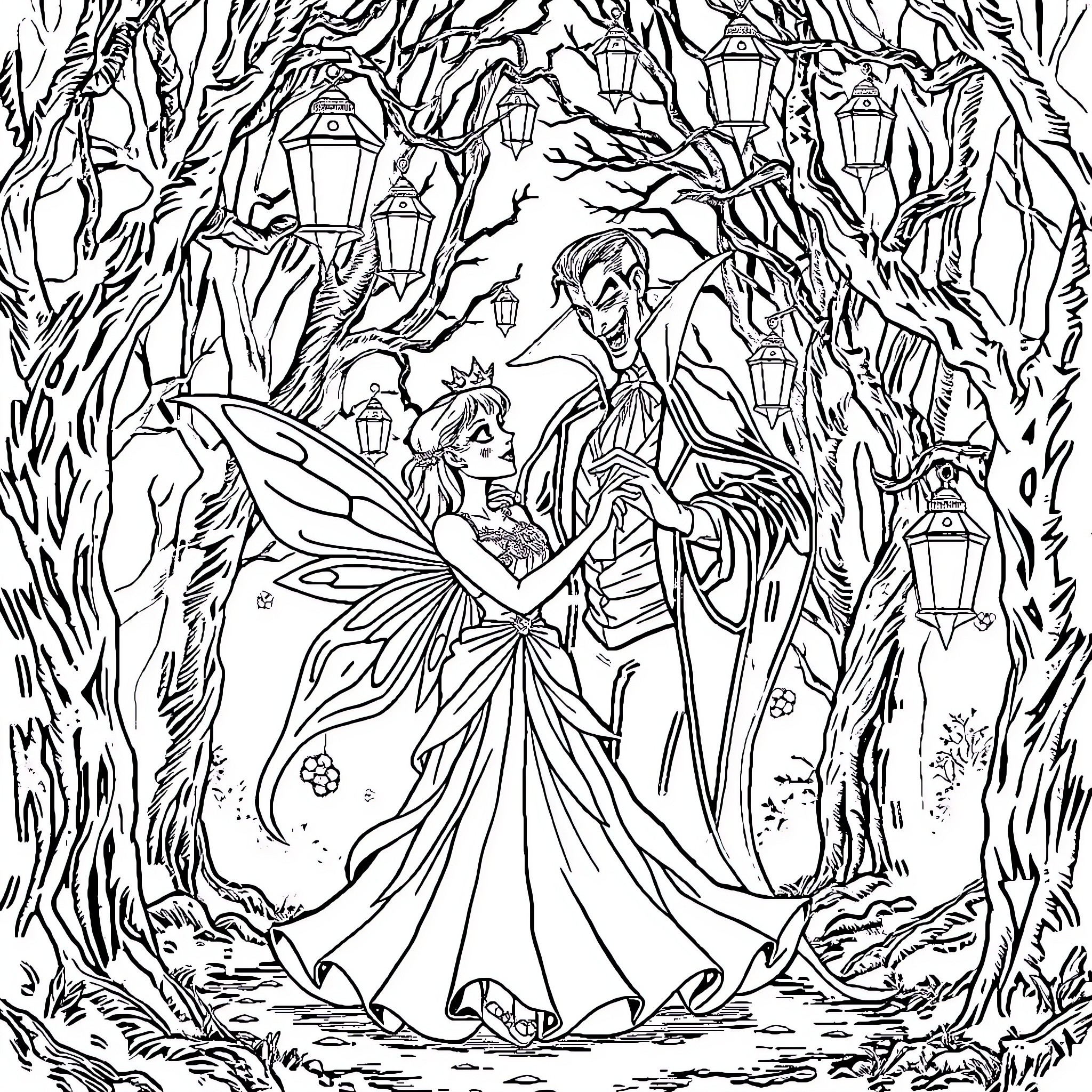 Vampire Prince and Princess in Enchanted Forest Coloring Page (free black-and-white line drawing printable PDF for all, from beginners to advanced learners, including children, teens, adults, and seniors)