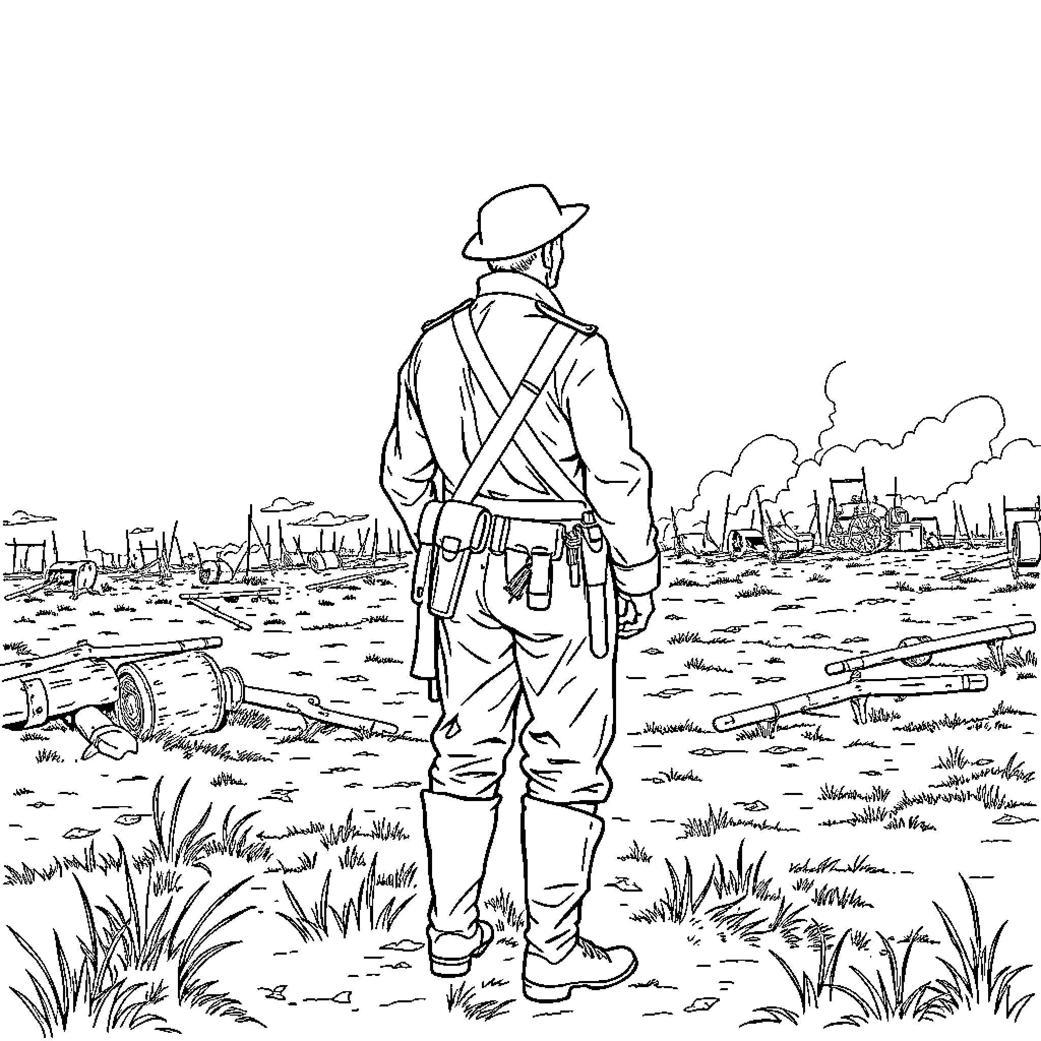 Soldier standing amidst the battlefield landscape Coloring Page (free black-and-white line drawing printable PDF for all, from beginners to advanced learners, including children, teens, adults, and seniors)