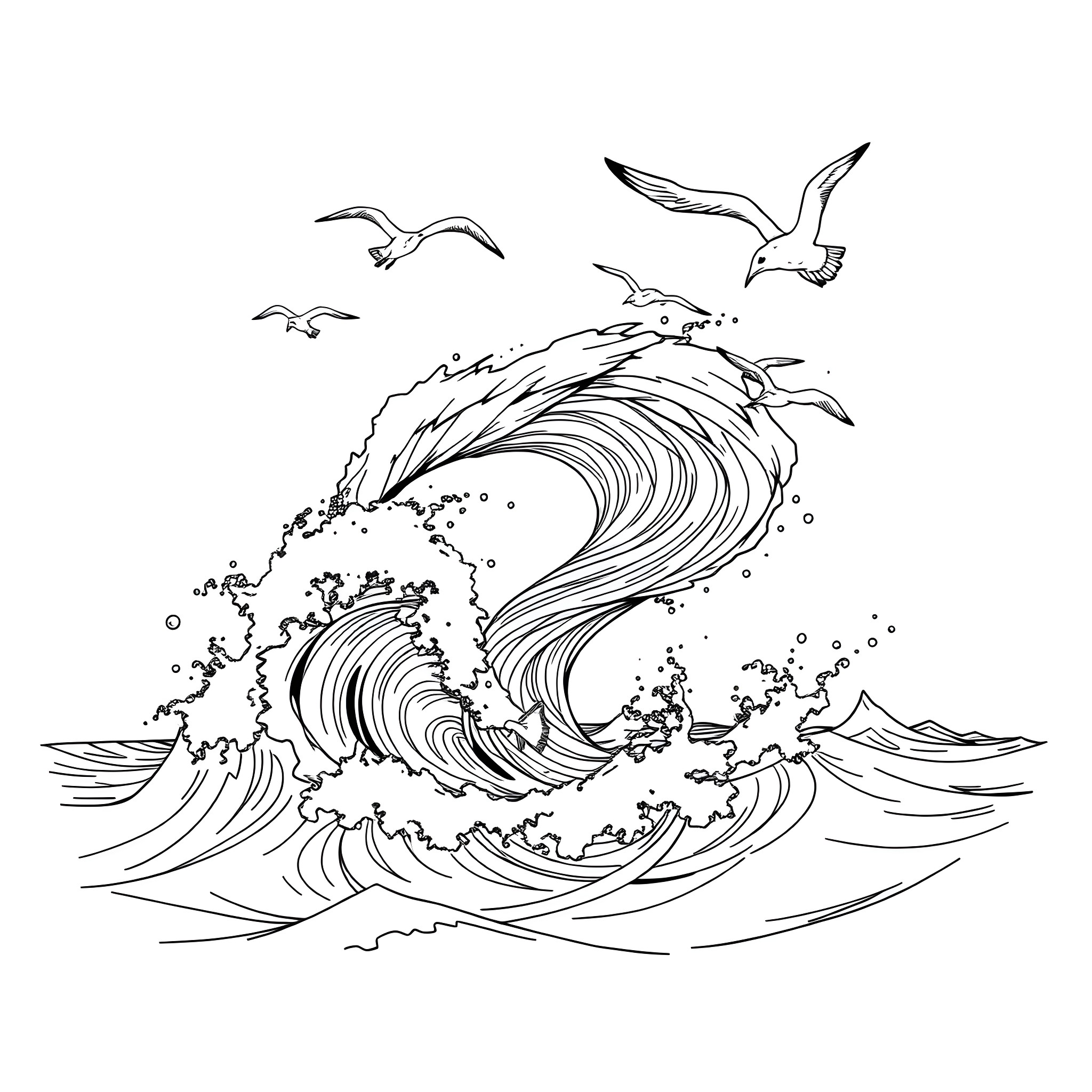 Tornado with birds soaring above the crashing waves Coloring Page (free black-and-white line drawing printable PDF for all, from beginners to advanced learners, including children, teens, adults, and seniors)