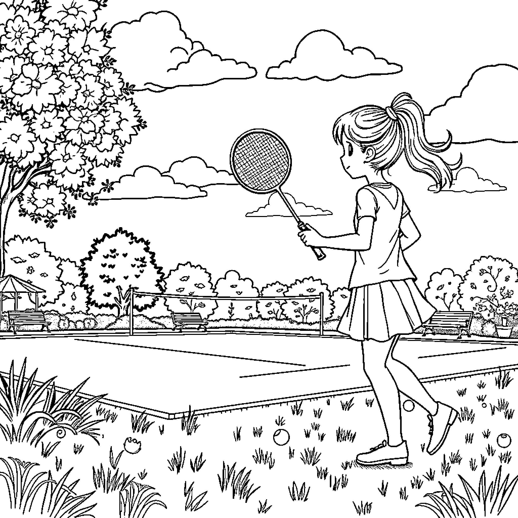 Girl playing badminton in the park Coloring Page (free black-and-white line drawing printable PDF for all, from beginners to advanced learners, including children, teens, adults, and seniors)