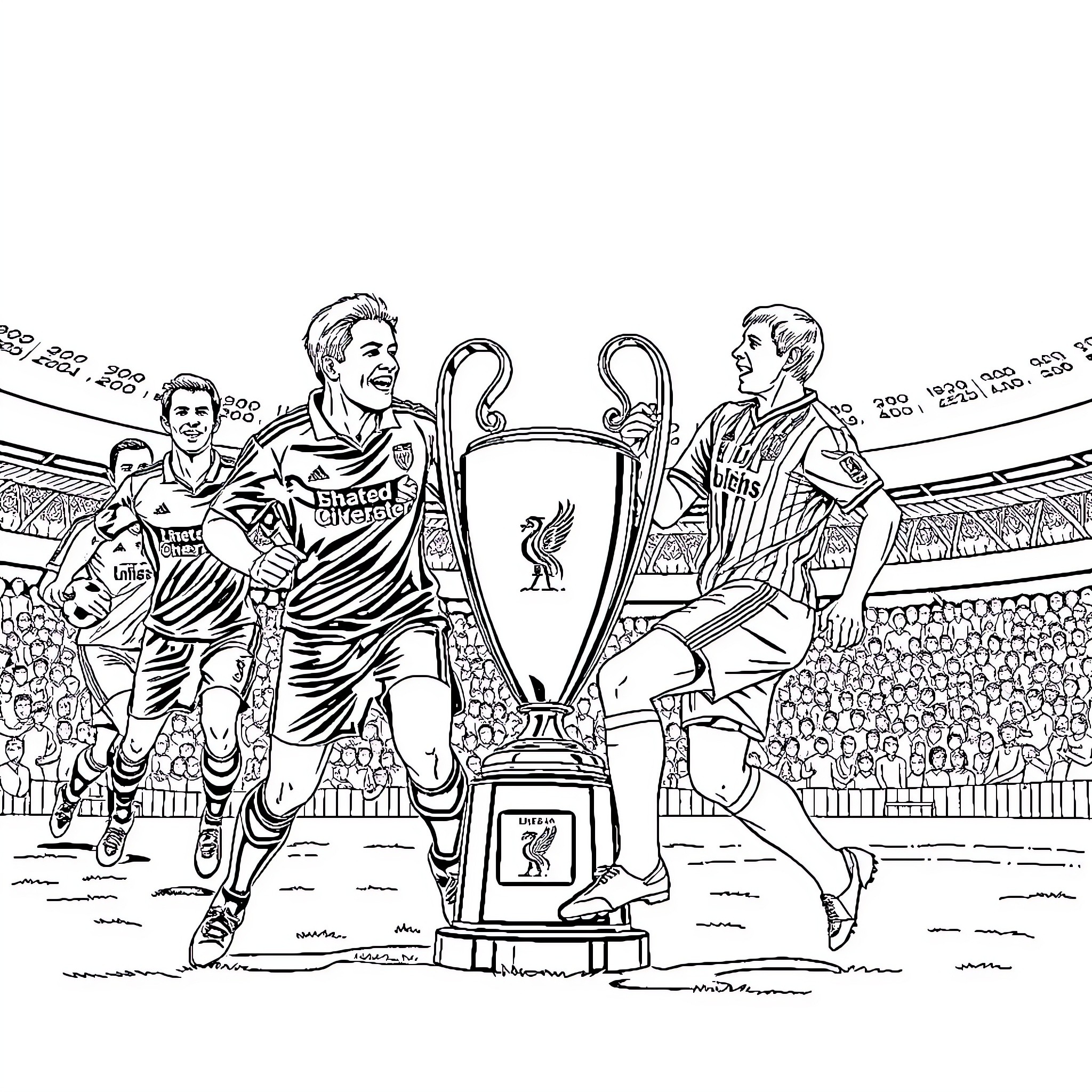 Liverpool football players celebrate trophy victory Coloring Page (free black-and-white line drawing printable PDF for all, from beginners to advanced learners, including children, teens, adults, and seniors)