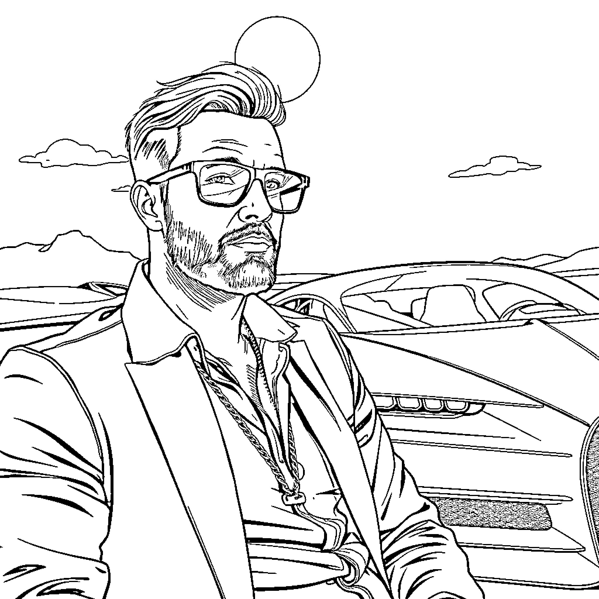 Man dressed casually in a suit and glasses admiring a sports car Coloring Page (free black-and-white line drawing printable PDF for all, from beginners to advanced learners, including children, teens, adults, and seniors)