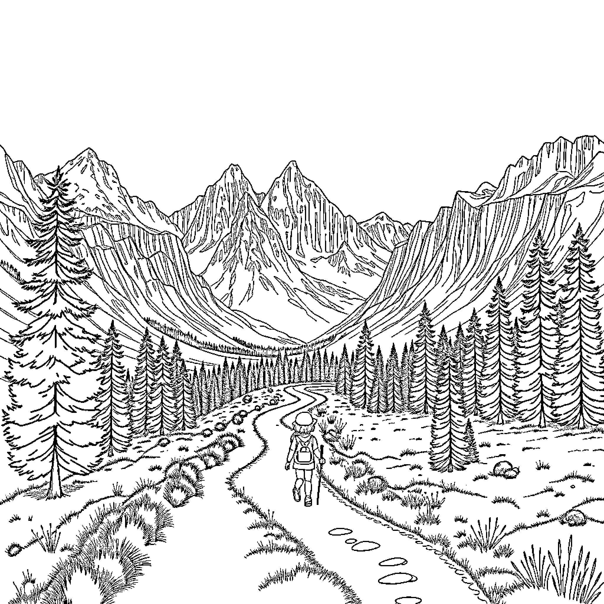 Girl hiking through majestic mountain landscape Coloring Page (free black-and-white line drawing printable PDF for all, from beginners to advanced learners, including children, teens, adults, and seniors)