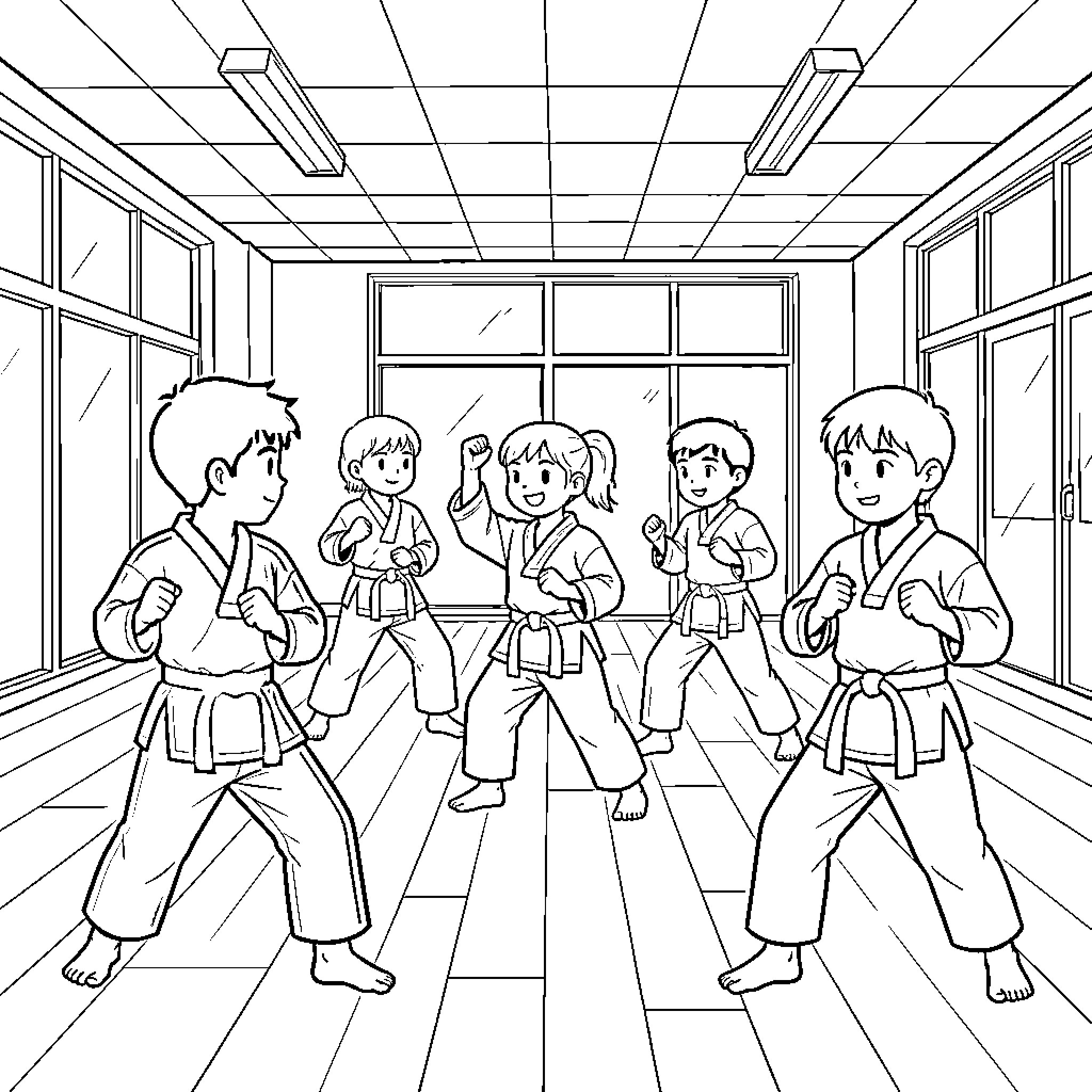 Taekwondo students practicing martial arts in the dojo Coloring Page (free black-and-white line drawing printable PDF for all, from beginners to advanced learners, including children, teens, adults, and seniors)