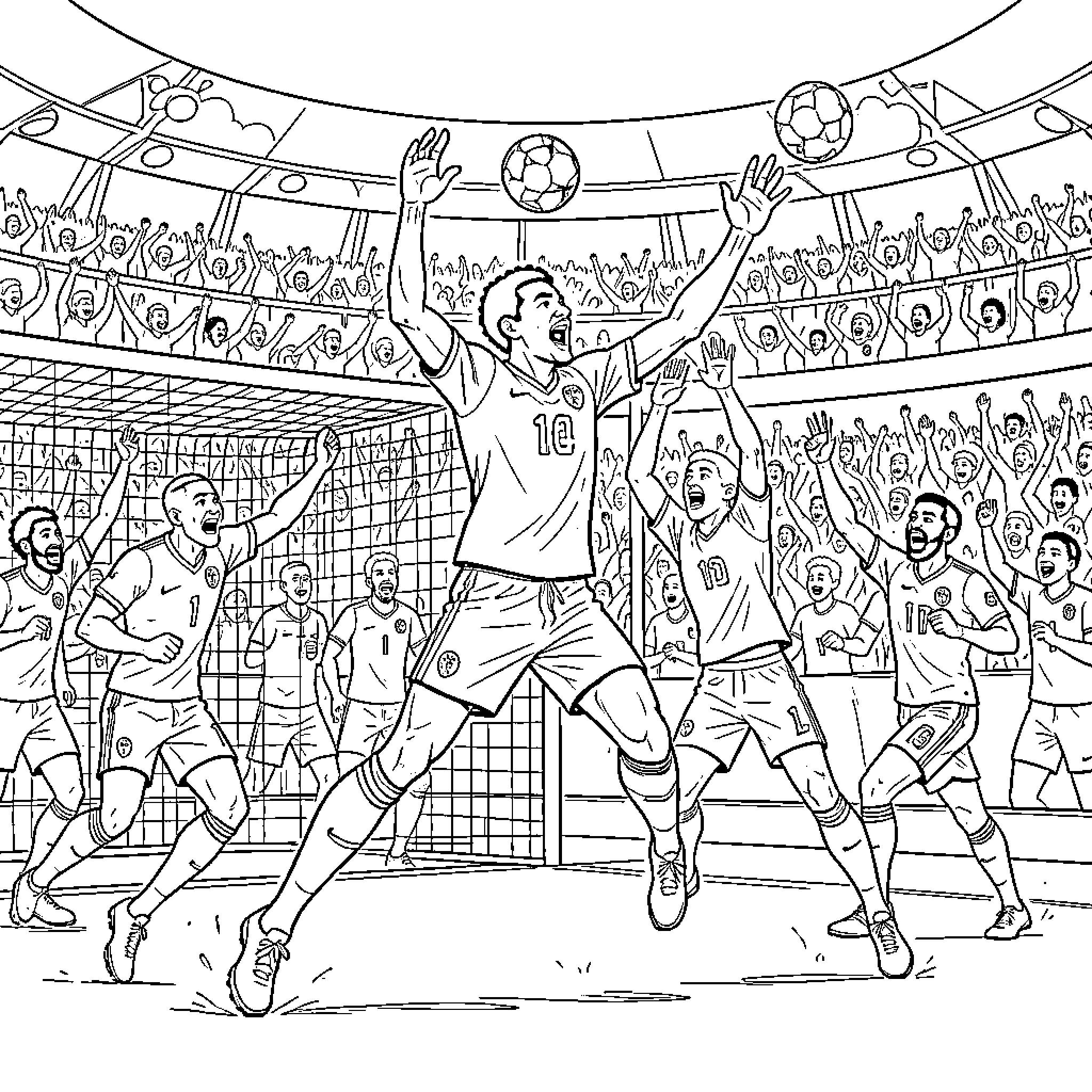 Dembelé jumping high to head the soccer ball Coloring Page (free black-and-white line drawing printable PDF for all, from beginners to advanced learners, including children, teens, adults, and seniors)