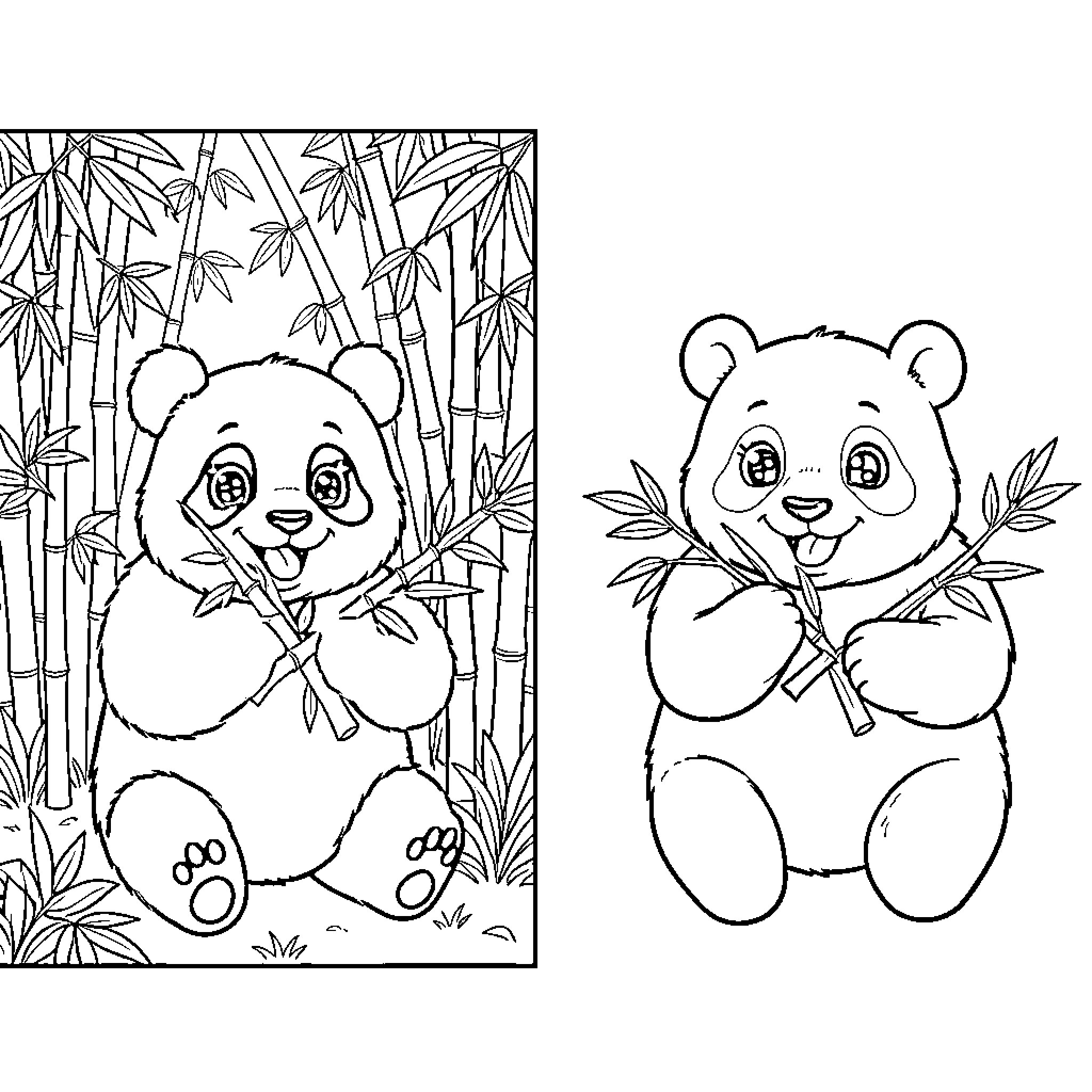 Panda bear playing in bamboo forest Coloring Page (free black-and-white line drawing printable PDF for all, from beginners to advanced learners, including children, teens, adults, and seniors)