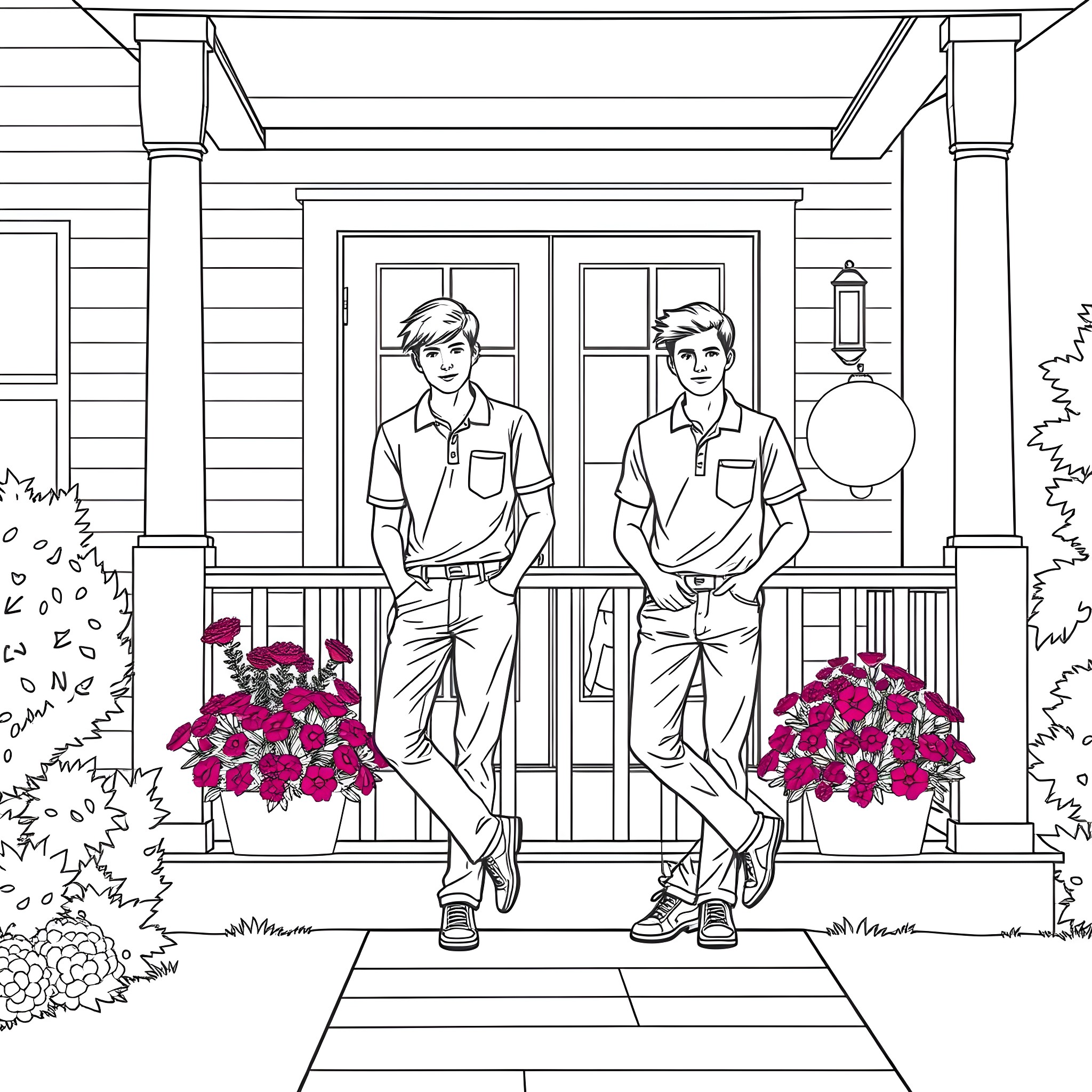 Teen Guys Standing on Porch with Flowers Coloring Page (free black-and-white line drawing printable PDF for all, from beginners to advanced learners, including children, teens, adults, and seniors)