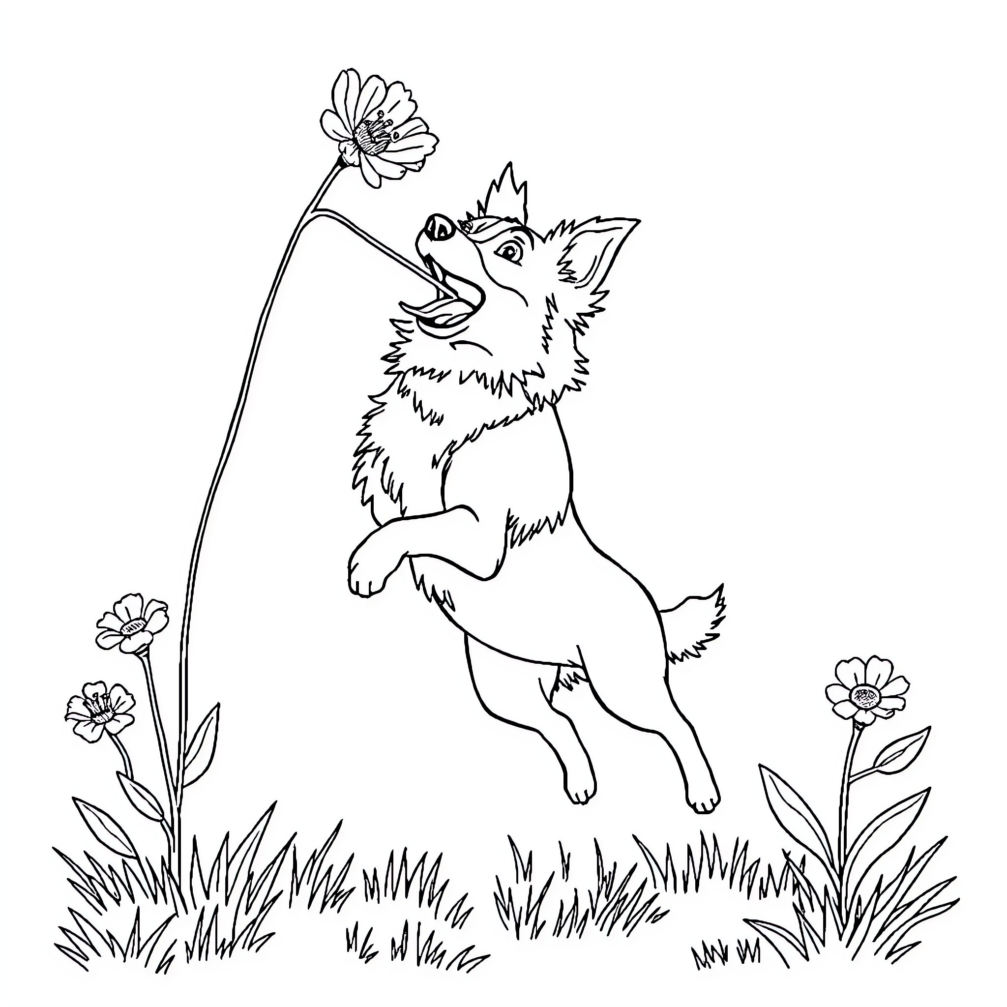 Border Collie enjoying a floral scene Coloring Page (free black-and-white line drawing printable PDF for all, from beginners to advanced learners, including children, teens, adults, and seniors)