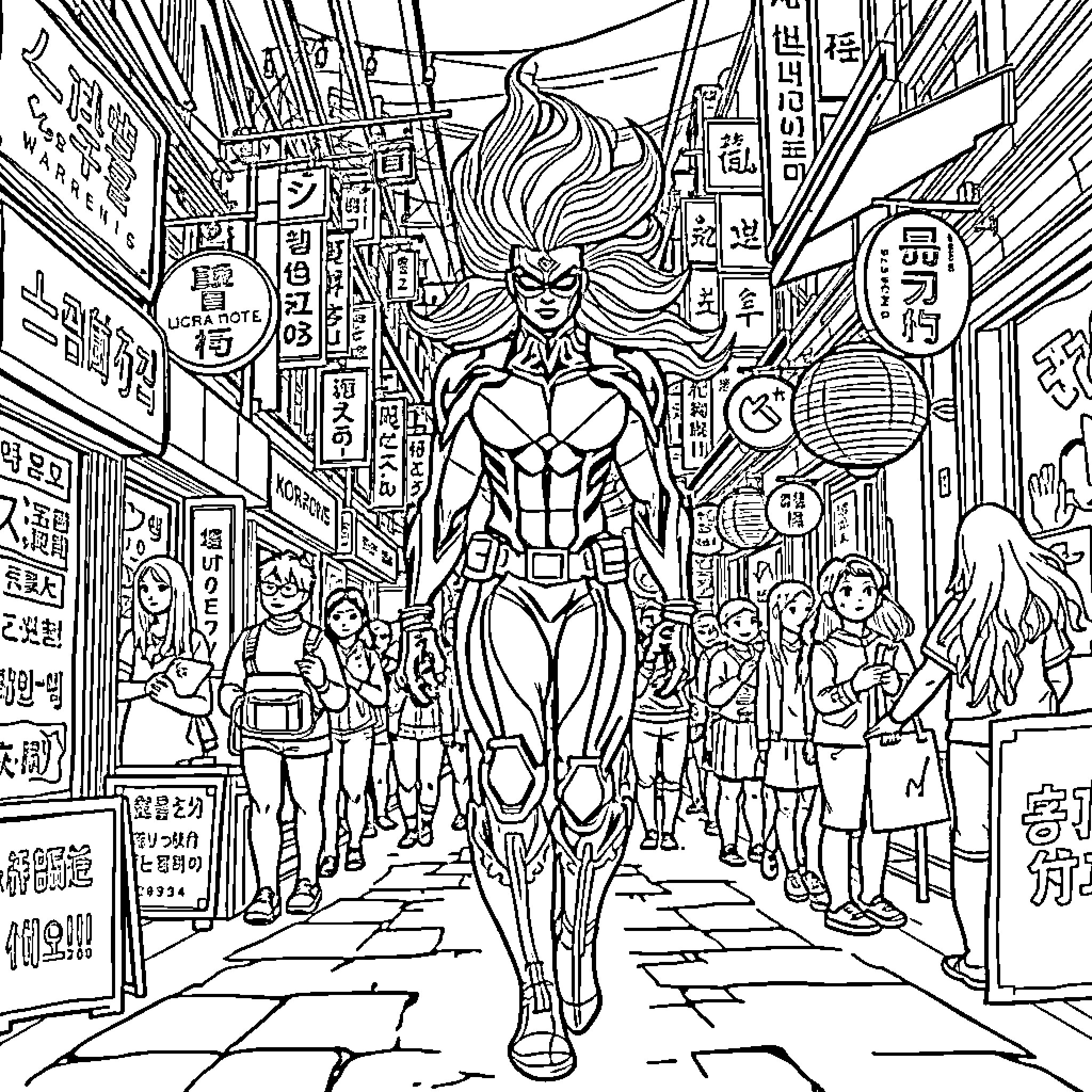 Storm of vibrant superhero in bustling city scene Coloring Page (free black-and-white line drawing printable PDF for all, from beginners to advanced learners, including children, teens, adults, and seniors)