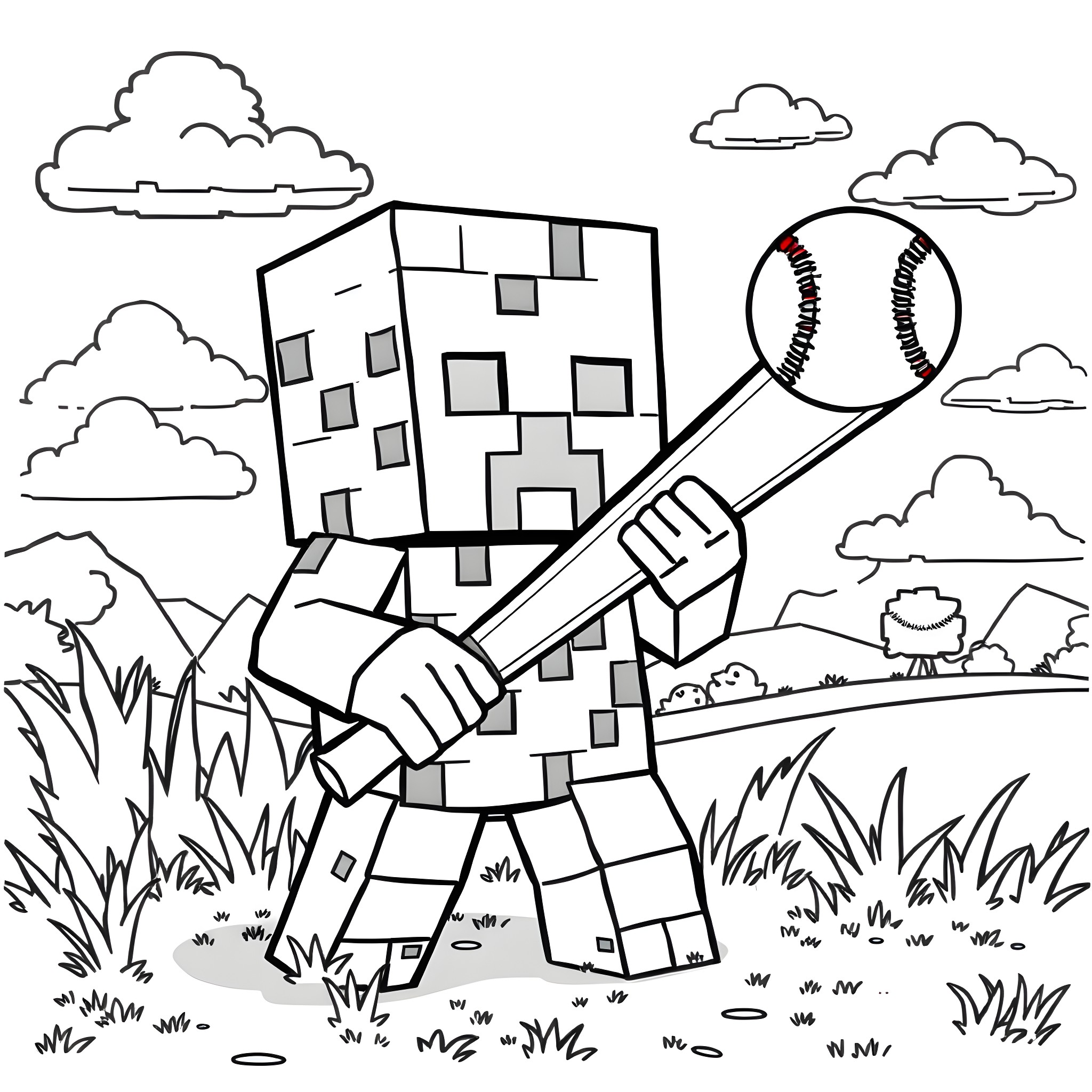 Creeper playing baseball in the park Coloring Page (free black-and-white line drawing printable PDF for all, from beginners to advanced learners, including children, teens, adults, and seniors)