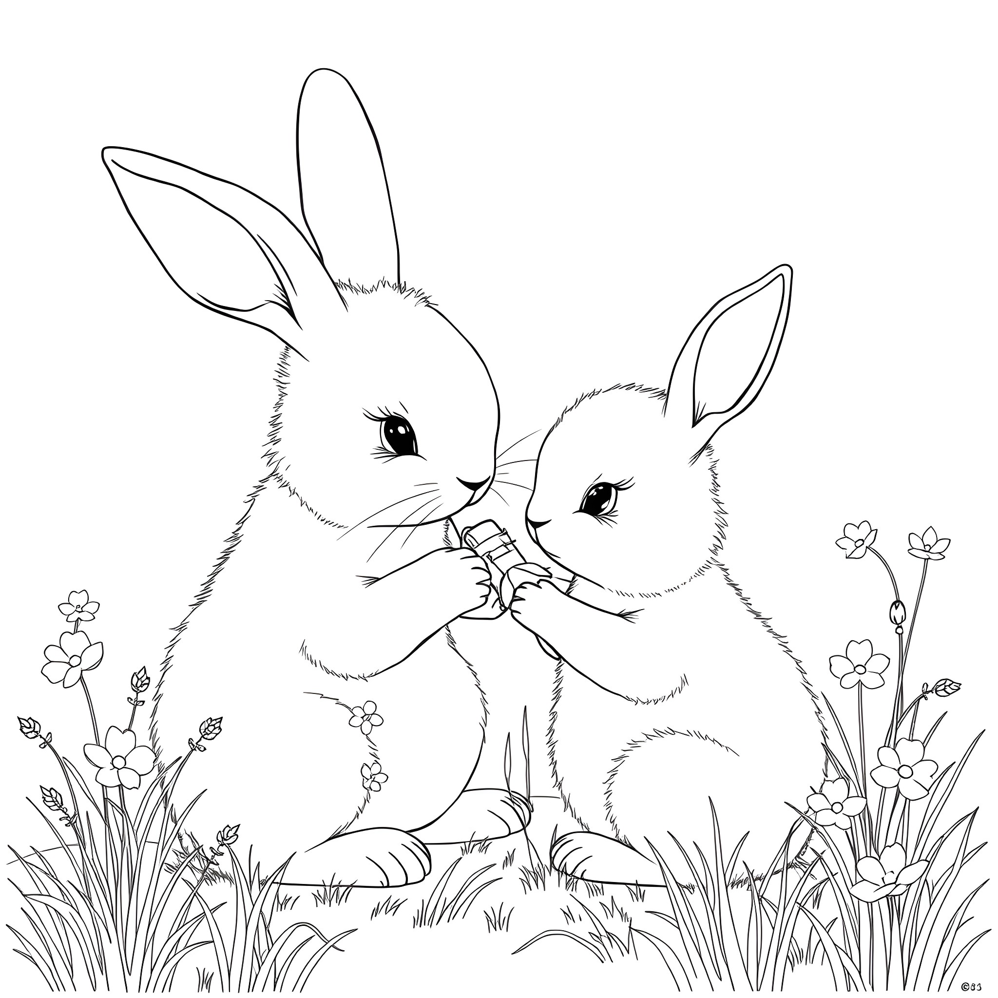 Rabbit Siblings Frolicking in the Meadow Coloring Page (free black-and-white line drawing printable PDF for all, from beginners to advanced learners, including children, teens, adults, and seniors)