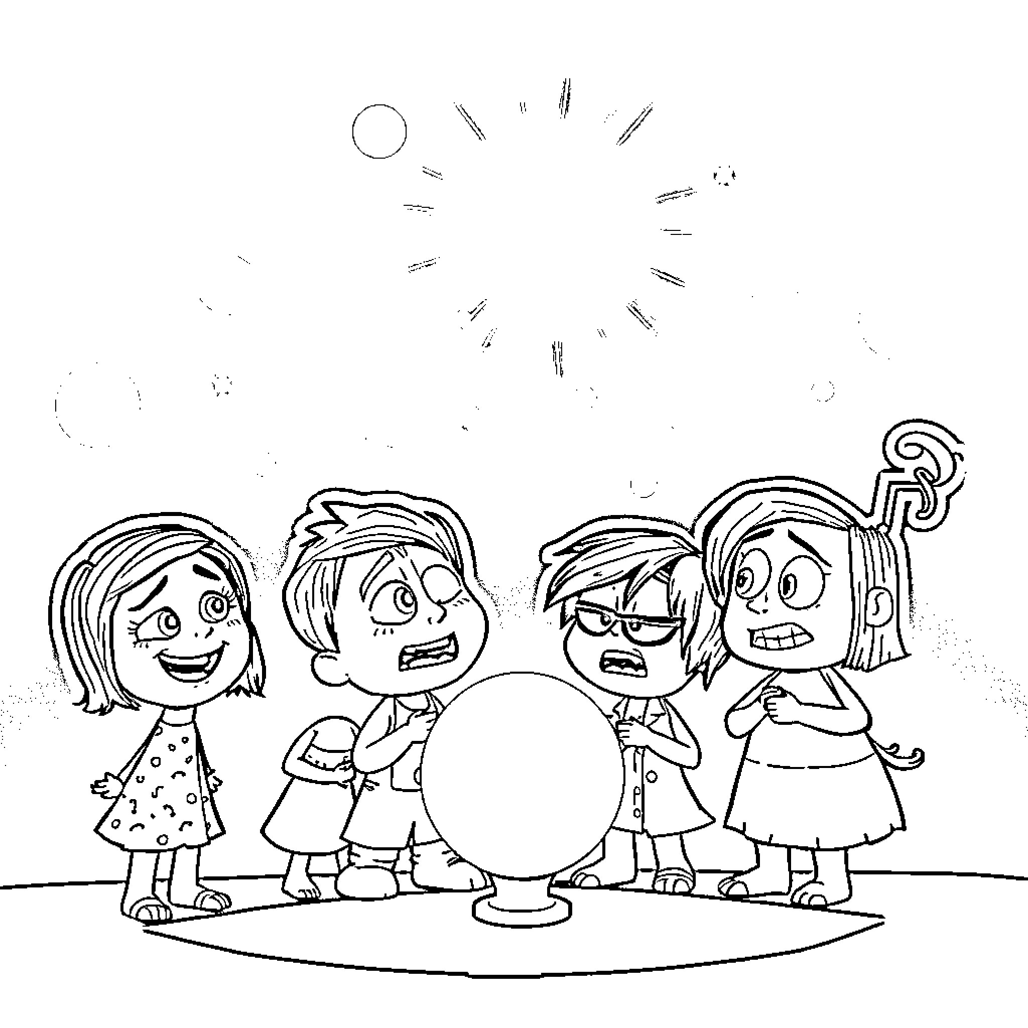 Inside Out Characters Expressing Emotions Coloring Page (free black-and-white line drawing printable PDF for all, from beginners to advanced learners, including children, teens, adults, and seniors)