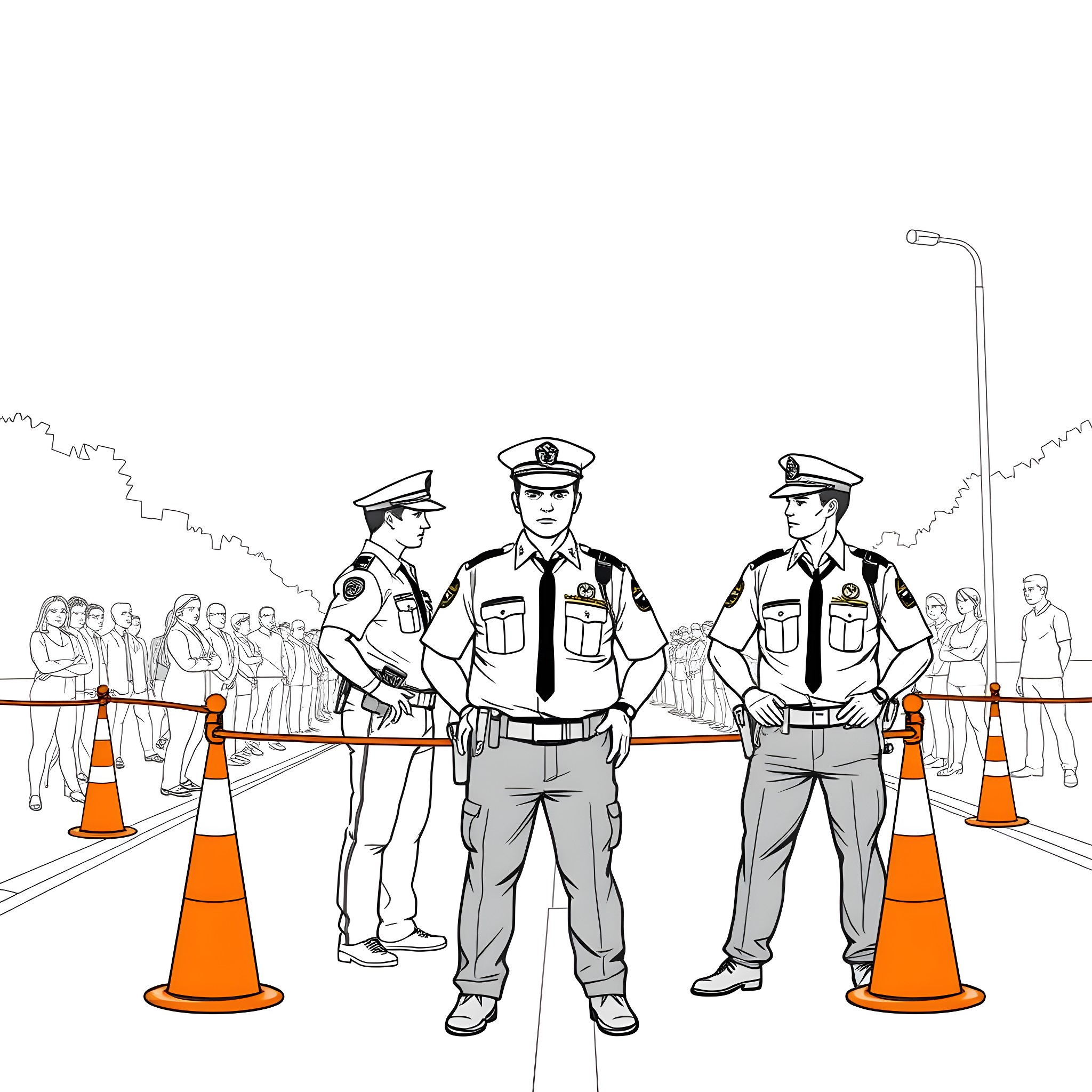 Police Officers Monitoring Crowd Control at Scene Coloring Page (free black-and-white line drawing printable PDF for all, from beginners to advanced learners, including children, teens, adults, and seniors)