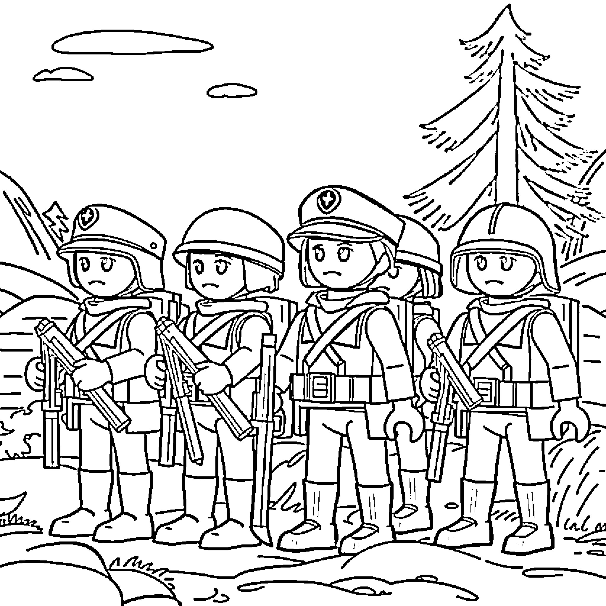 Playmobil soldiers in the wilderness Coloring Page (free black-and-white line drawing printable PDF for all, from beginners to advanced learners, including children, teens, adults, and seniors)