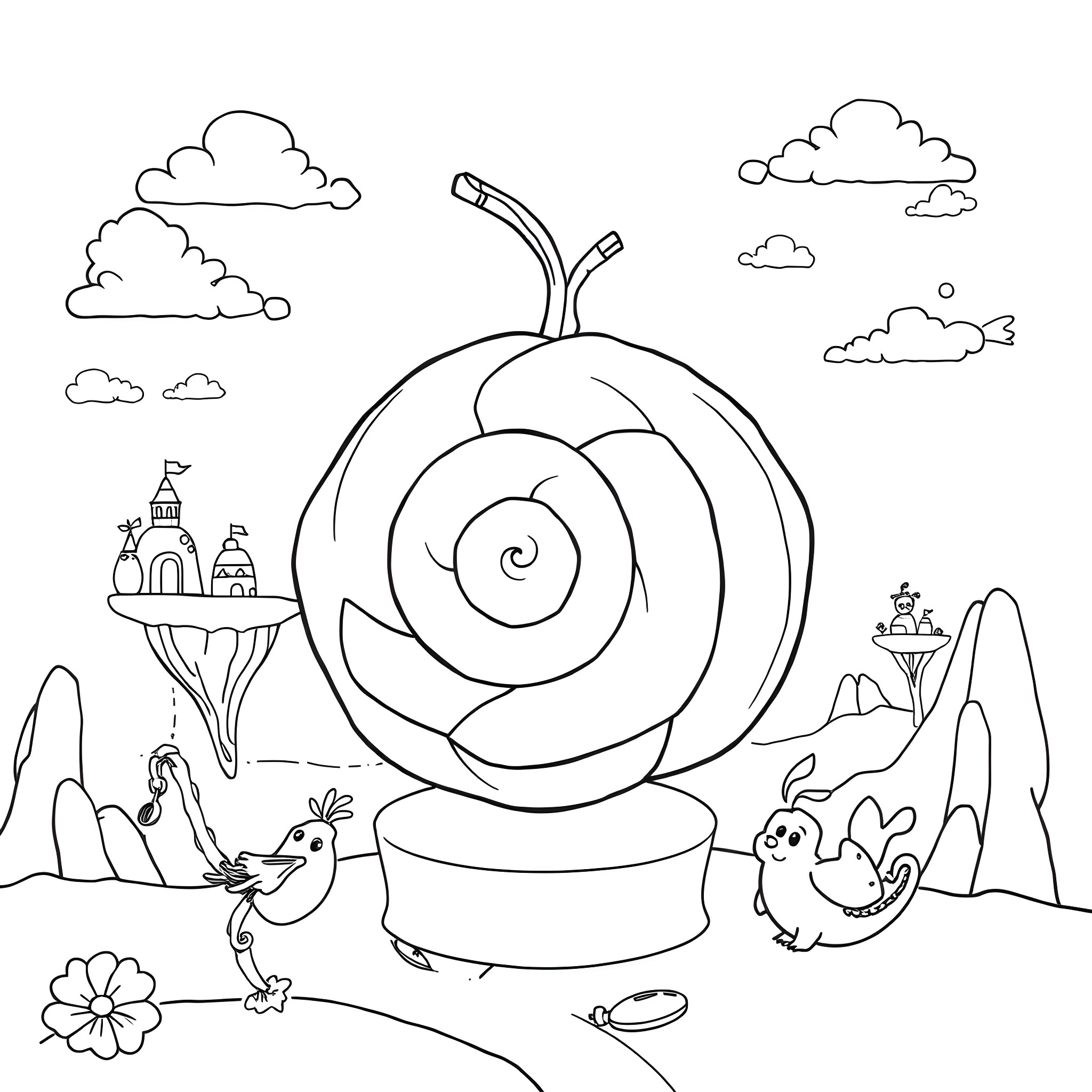 Dough Fruit Creatures in a Whimsical Landscape Coloring Page (free black-and-white line drawing printable PDF for all, from beginners to advanced learners, including children, teens, adults, and seniors)
