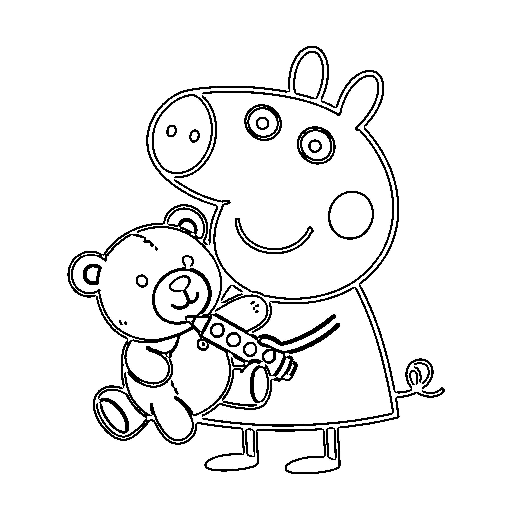 Peppa Pig playing with stuffed animal Coloring Page (free black-and-white line drawing printable PDF for all, from beginners to advanced learners, including children, teens, adults, and seniors)