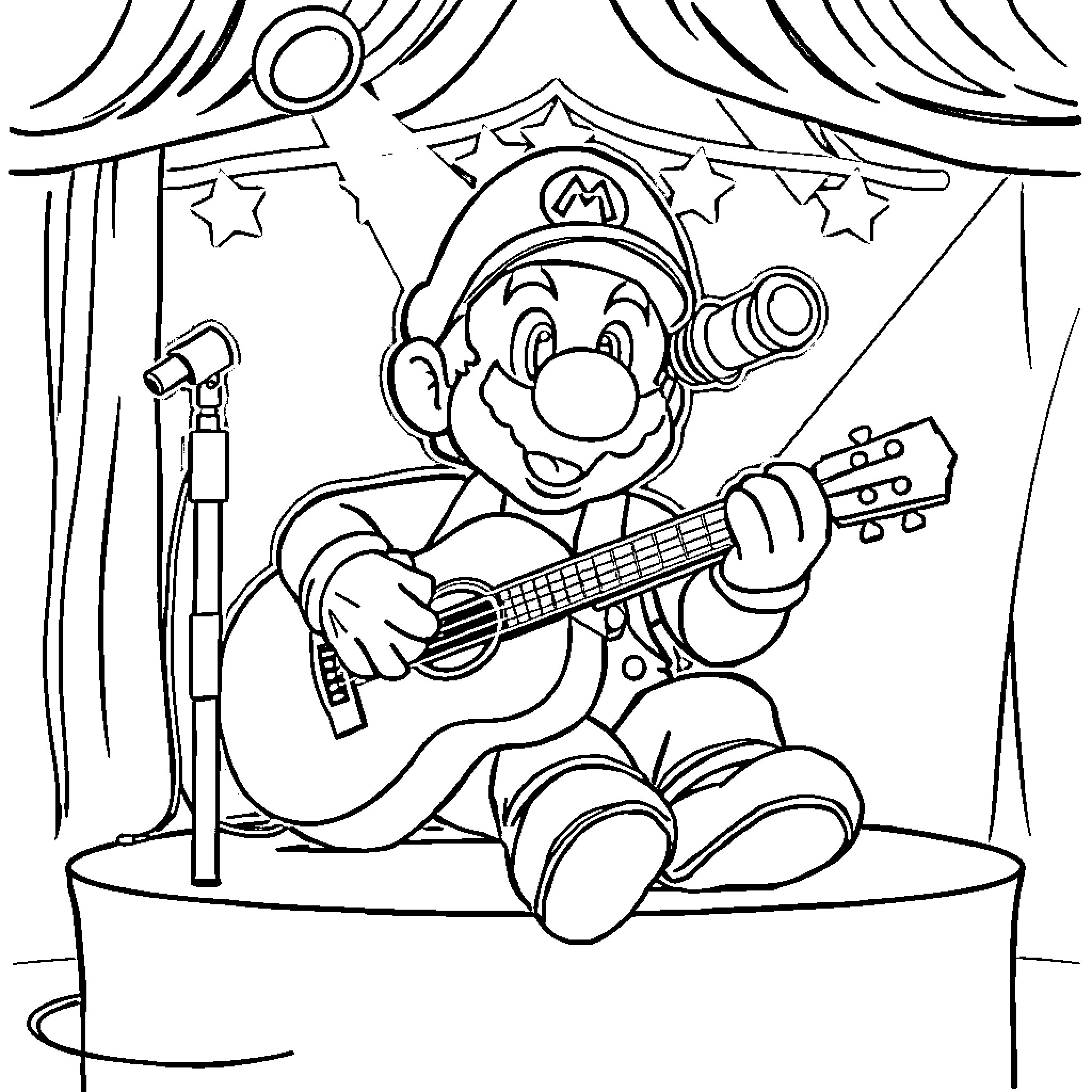 Mario Performing on Stage with Guitar Coloring Page (free black-and-white line drawing printable PDF for all, from beginners to advanced learners, including children, teens, adults, and seniors)