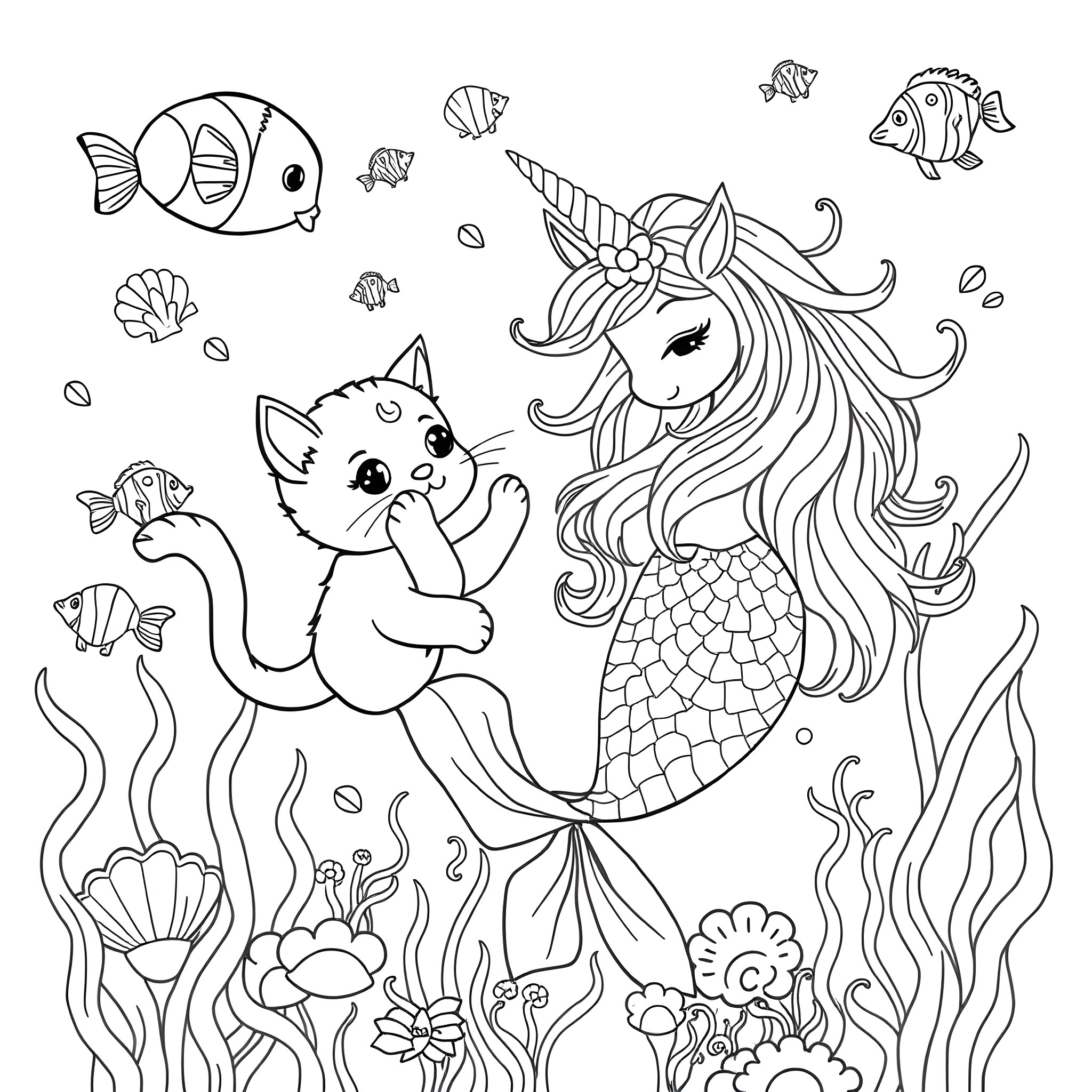 Kitty and Magical Mermaid in the Underwater World Coloring Page (free black-and-white line drawing printable PDF for all, from beginners to advanced learners, including children, teens, adults, and seniors)