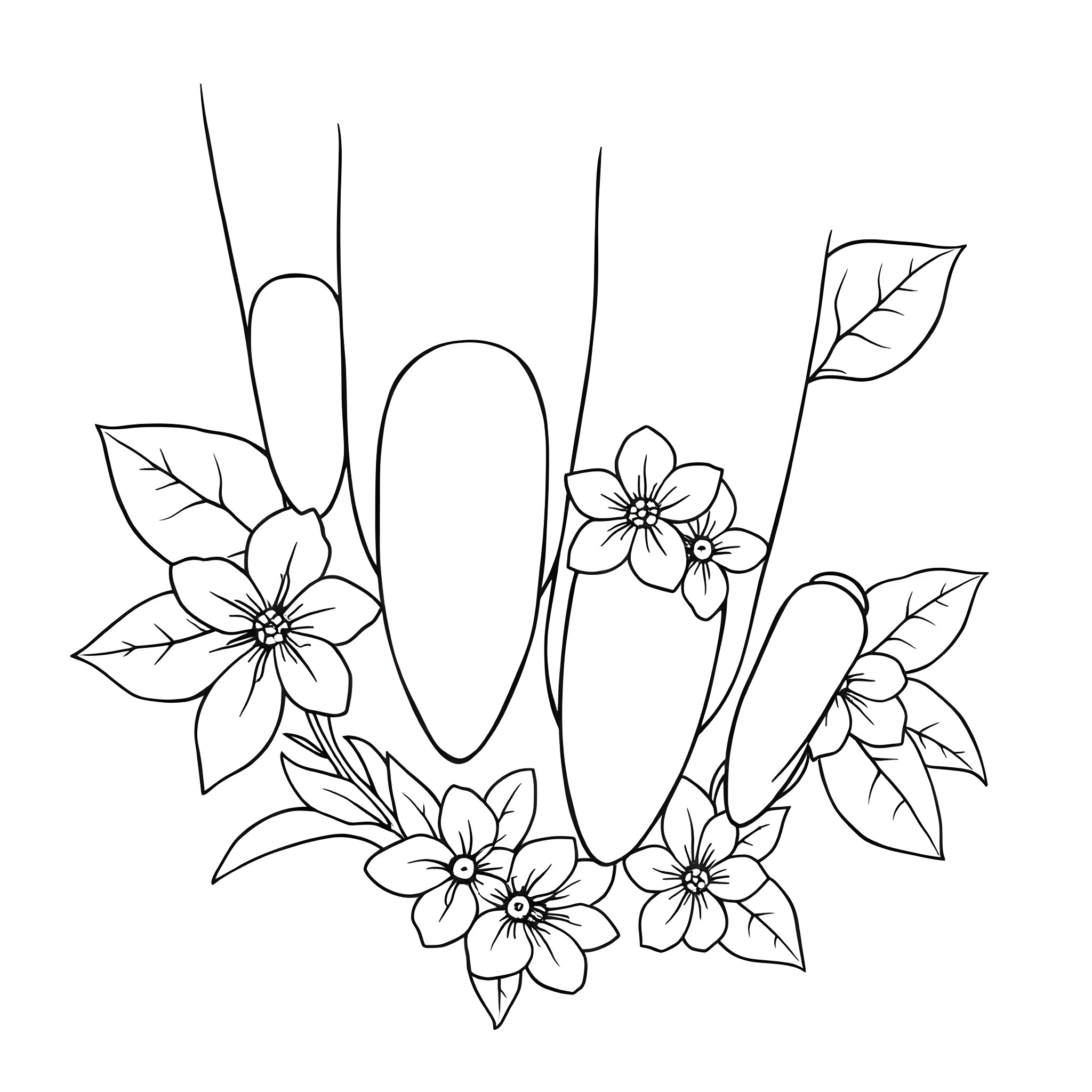 Nail Floral Pattern with Leaves Coloring Page (free black-and-white line drawing printable PDF for all, from beginners to advanced learners, including children, teens, adults, and seniors)
