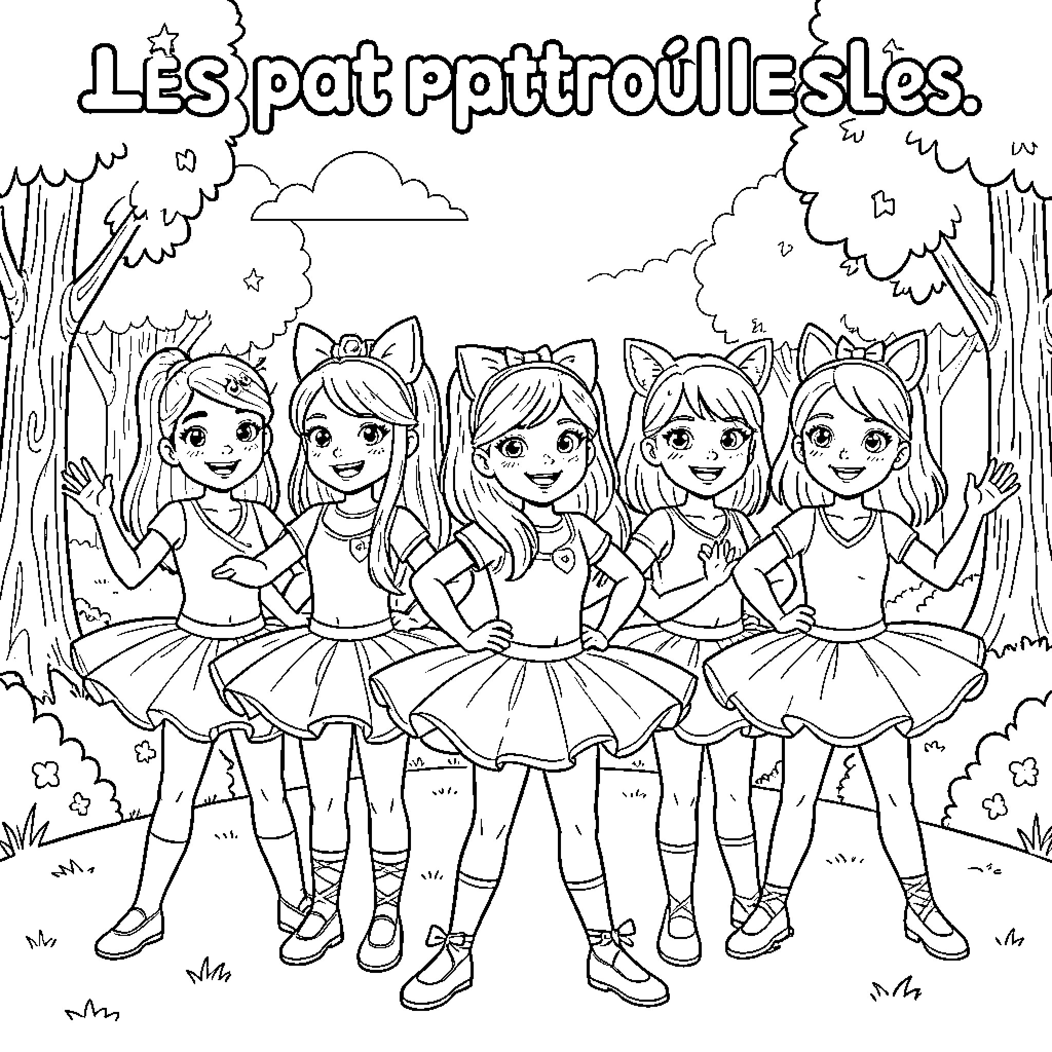 Paw Patrol inspired characters dancing in a forest Coloring Page (free black-and-white line drawing printable PDF for all, from beginners to advanced learners, including children, teens, adults, and seniors)