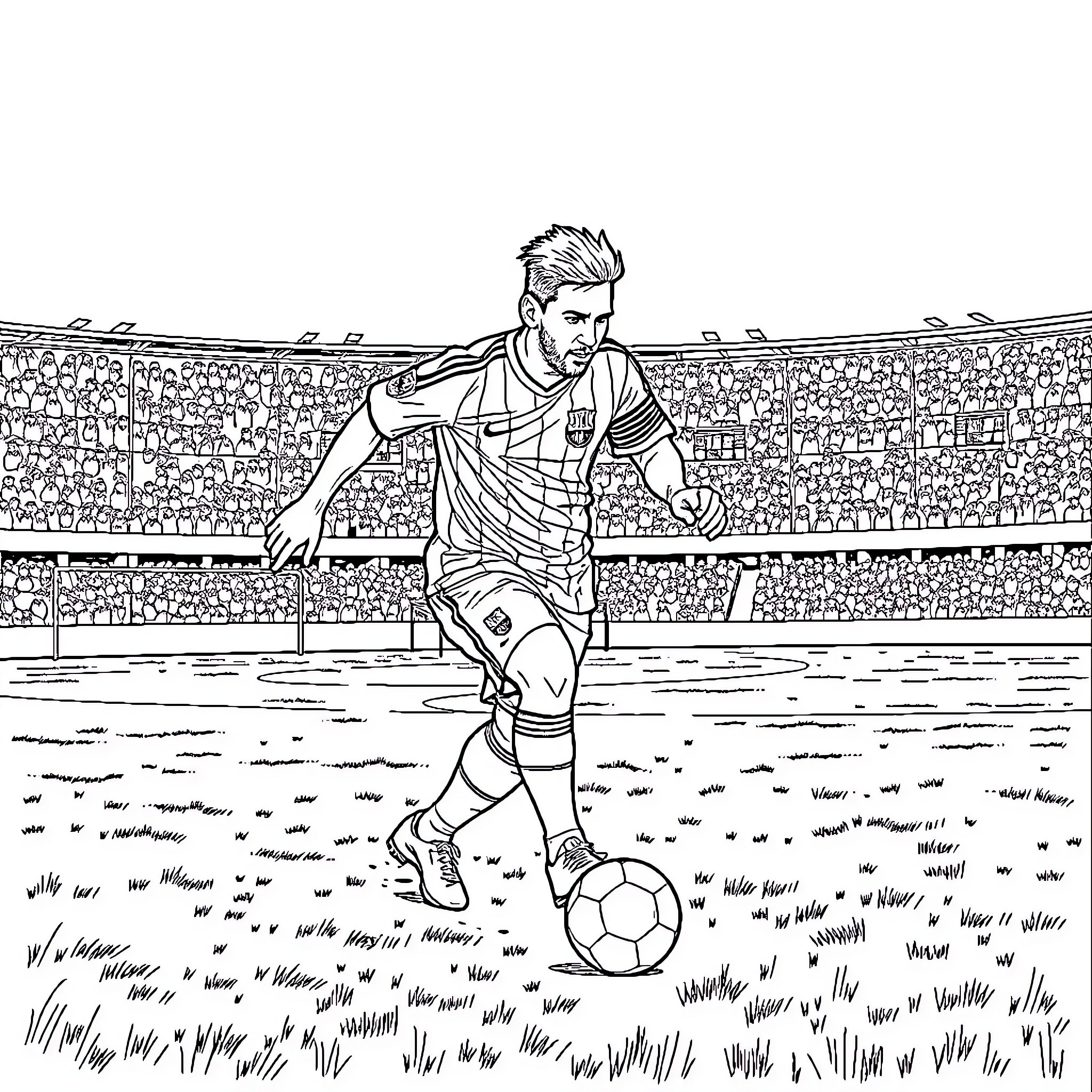 Messi showcasing his soccer skills on the field Coloring Page (free black-and-white line drawing printable PDF for all, from beginners to advanced learners, including children, teens, adults, and seniors)