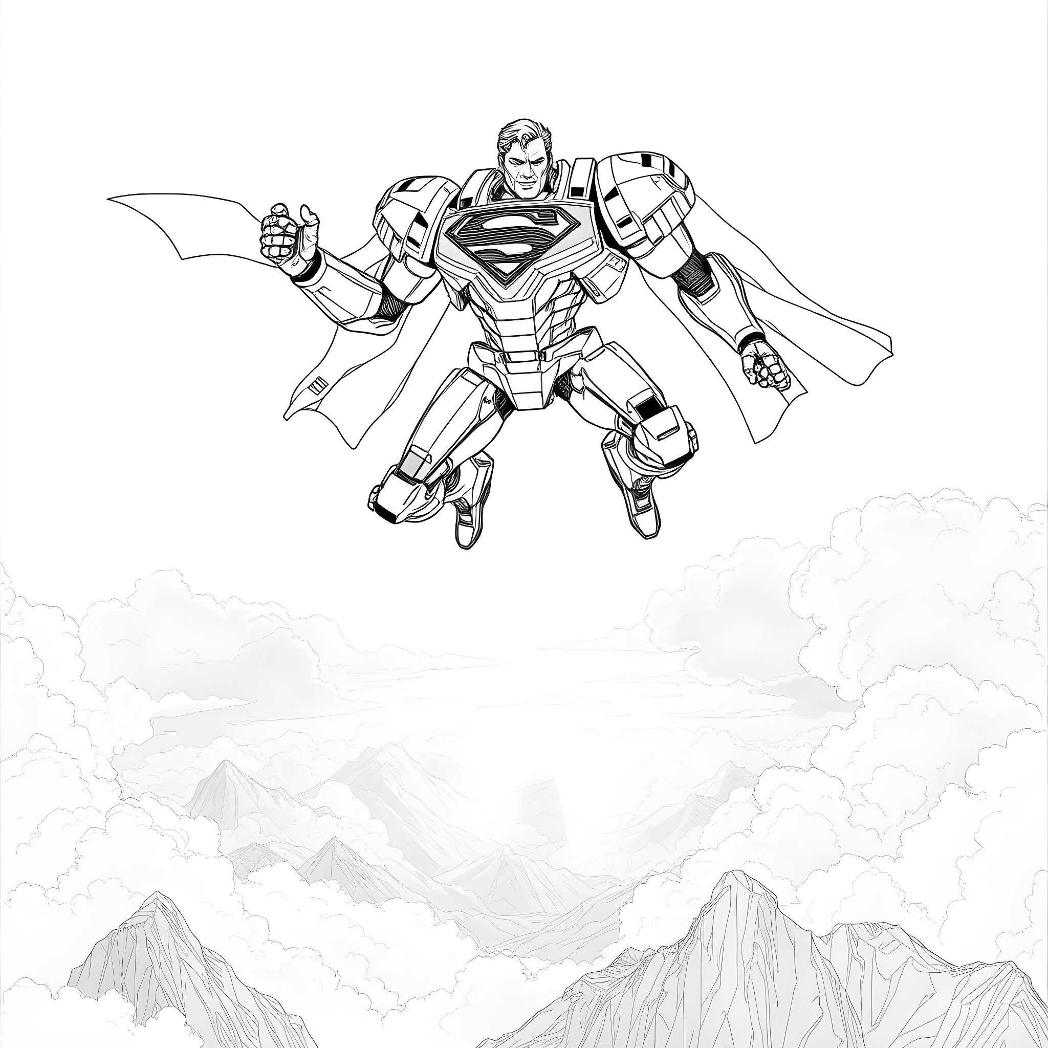 Mecha Superman soaring above the mountains Coloring Page (free black-and-white line drawing printable PDF for all, from beginners to advanced learners, including children, teens, adults, and seniors)
