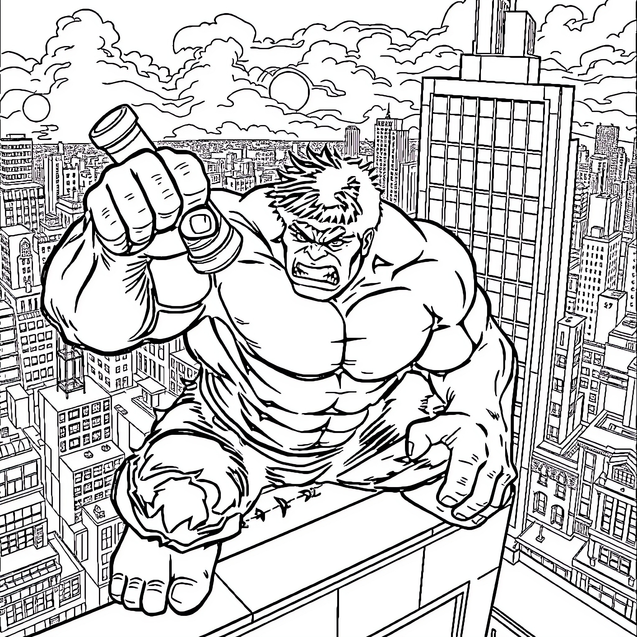 Hulk Destroying Cityscape in Dramatic Pose Coloring Page (free black-and-white line drawing printable PDF for all, from beginners to advanced learners, including children, teens, adults, and seniors)