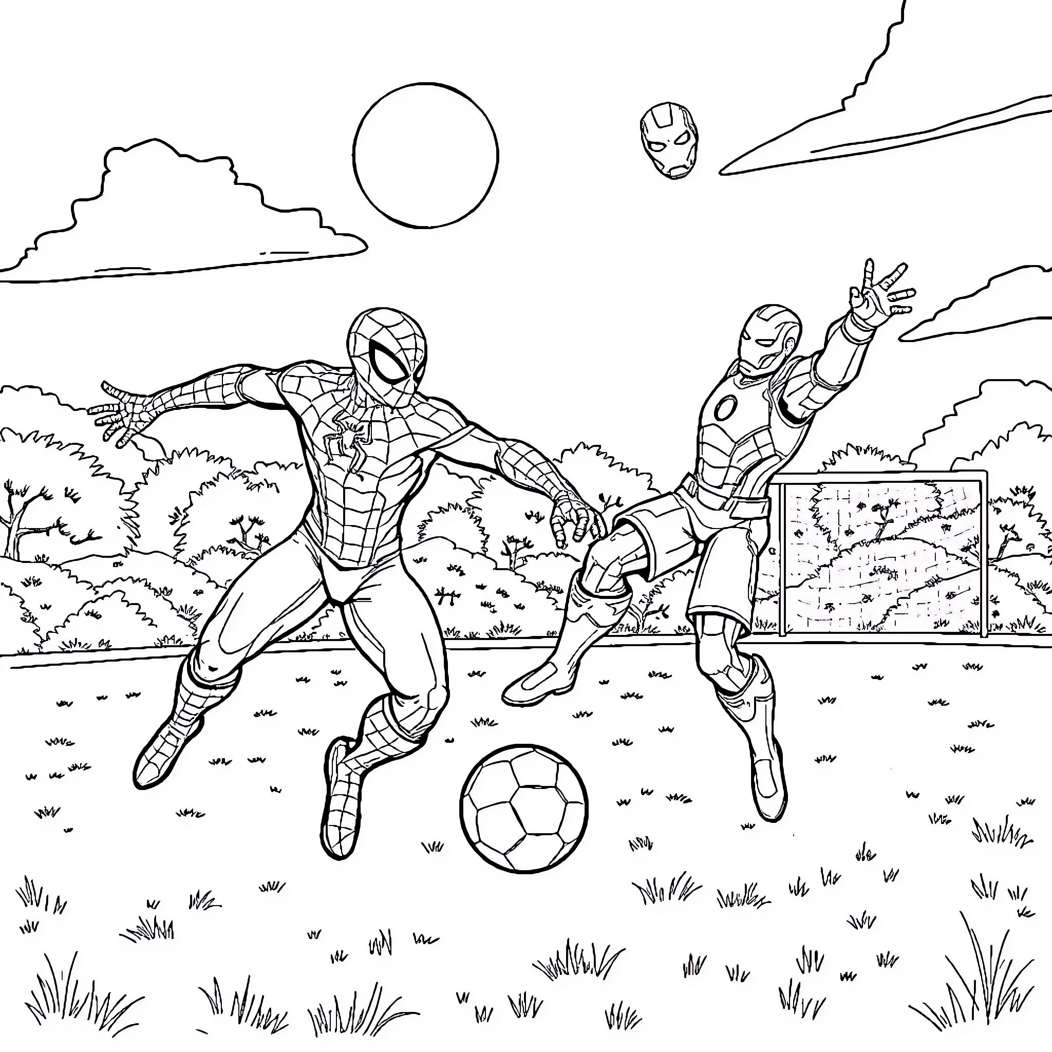 Spiderman and Iron Man playing soccer in a scenic landscape Coloring Page (free black-and-white line drawing printable PDF for all, from beginners to advanced learners, including children, teens, adults, and seniors)