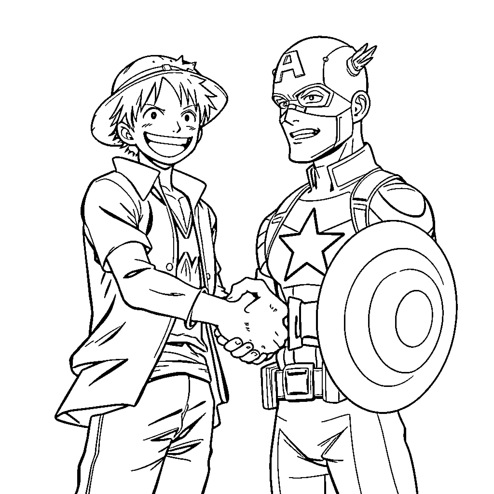 Luffy's Friendly Encounter with Captain America Coloring Page (free black-and-white line drawing printable PDF for all, from beginners to advanced learners, including children, teens, adults, and seniors)