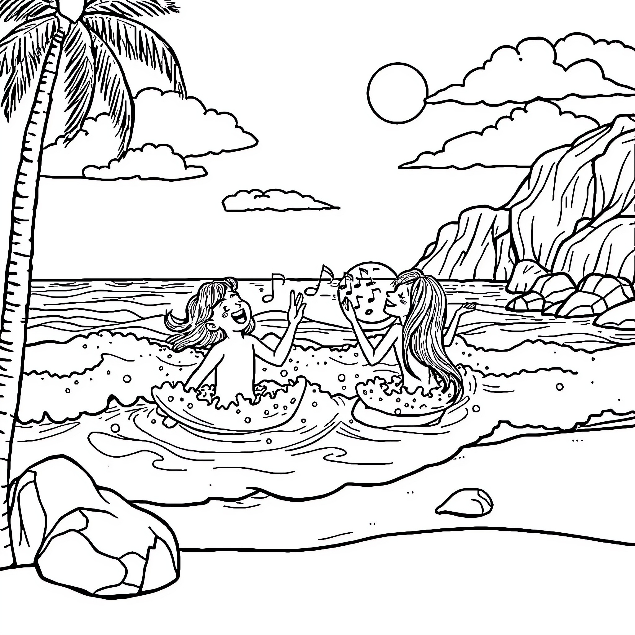 Tralalero: Friends Enjoying a Beach Day Coloring Page (free black-and-white line drawing printable PDF for all, from beginners to advanced learners, including children, teens, adults, and seniors)