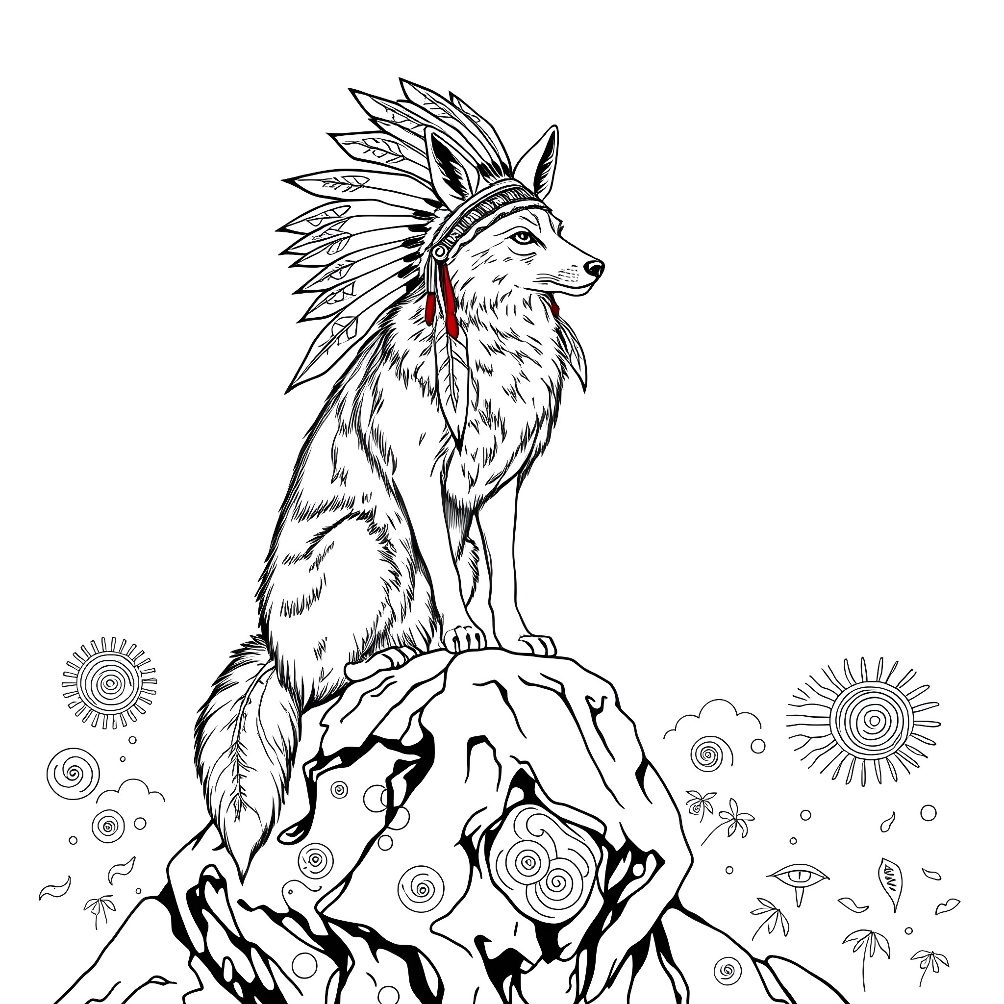 Coyote atop a rocky mountain with tribal headdress Coloring Page (free black-and-white line drawing printable PDF for all, from beginners to advanced learners, including children, teens, adults, and seniors)