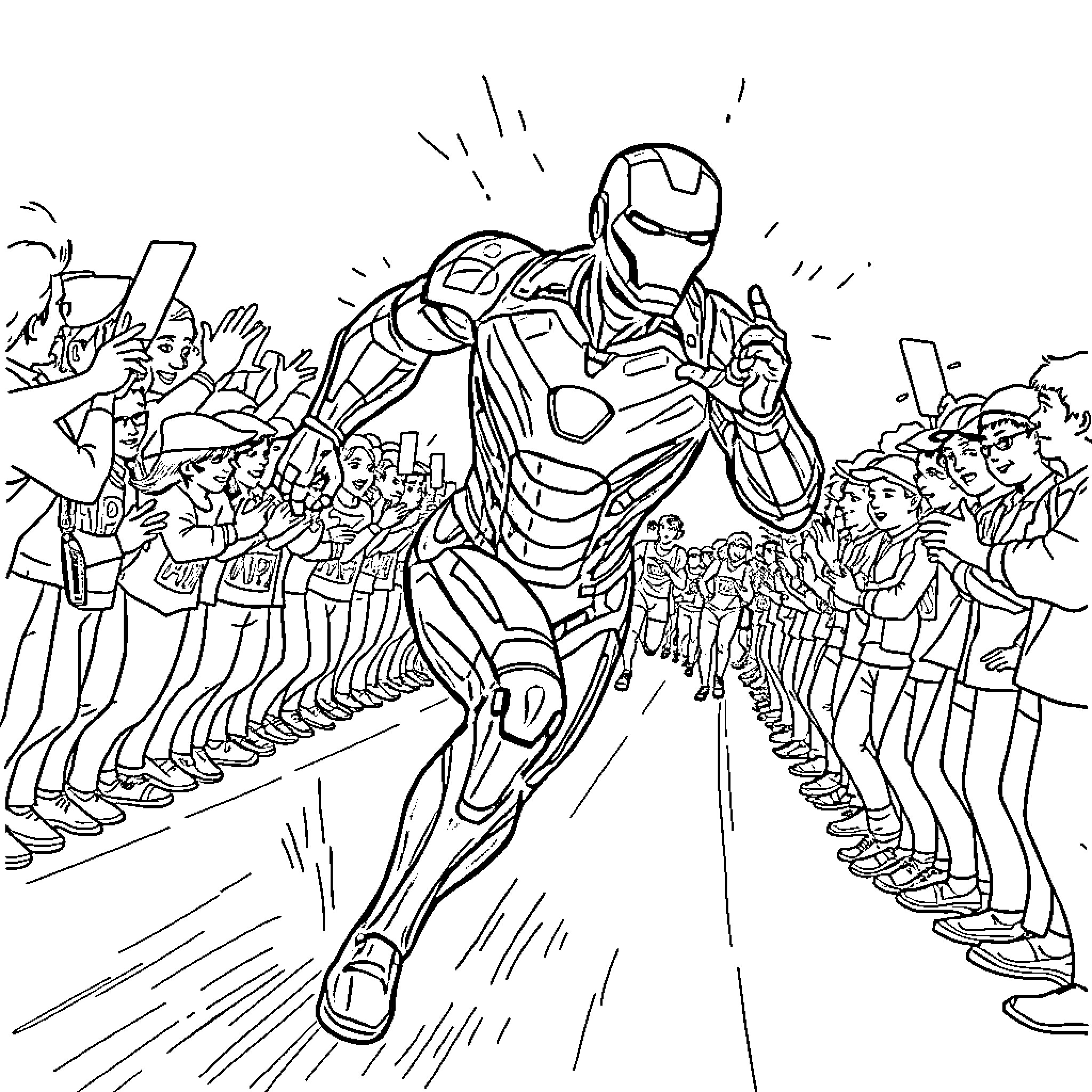 Ironman Inspiring the Crowd with Heroic Presence Coloring Page (free black-and-white line drawing printable PDF for all, from beginners to advanced learners, including children, teens, adults, and seniors)