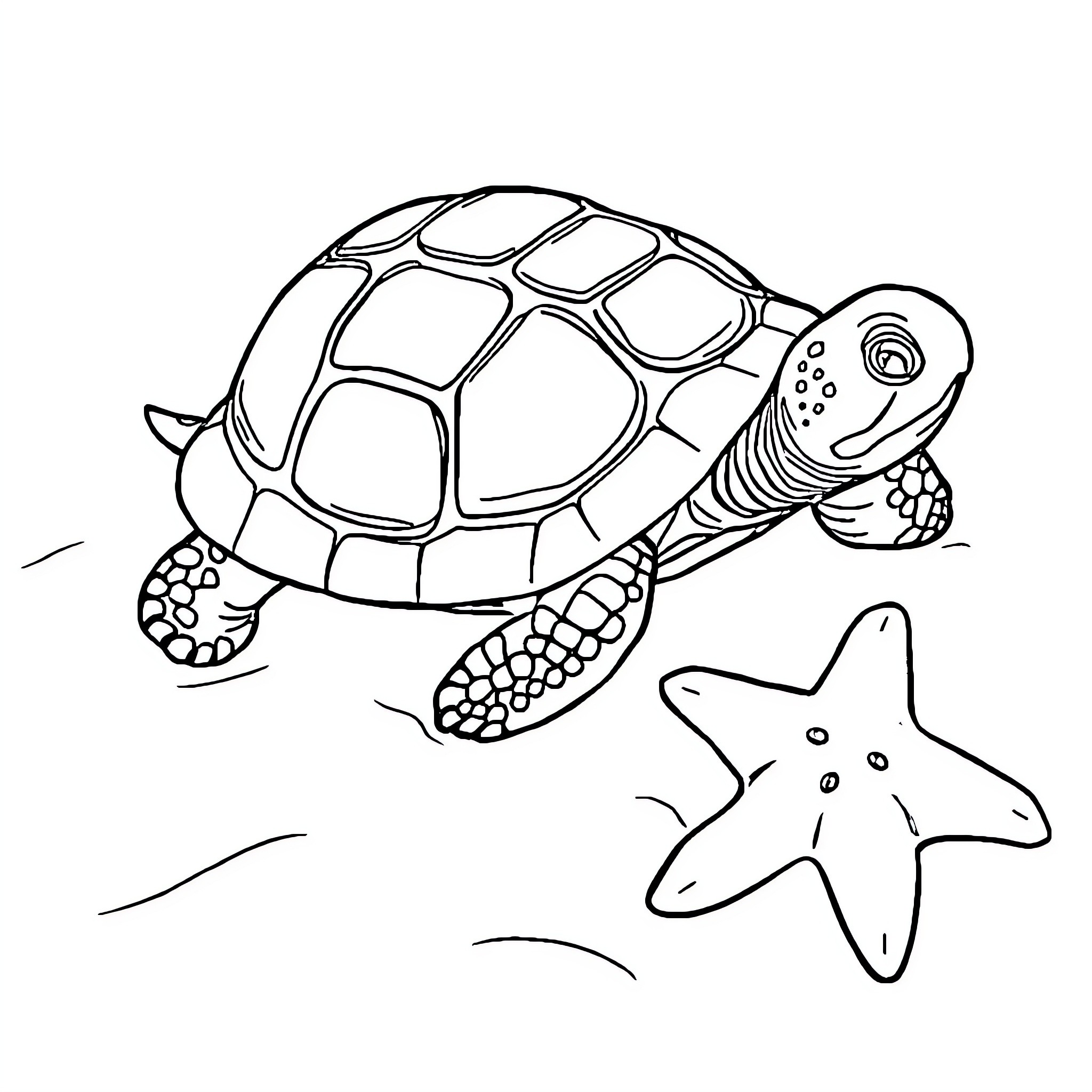 Tortoise exploring with a starfish Coloring Page (free black-and-white line drawing printable PDF for all, from beginners to advanced learners, including children, teens, adults, and seniors)