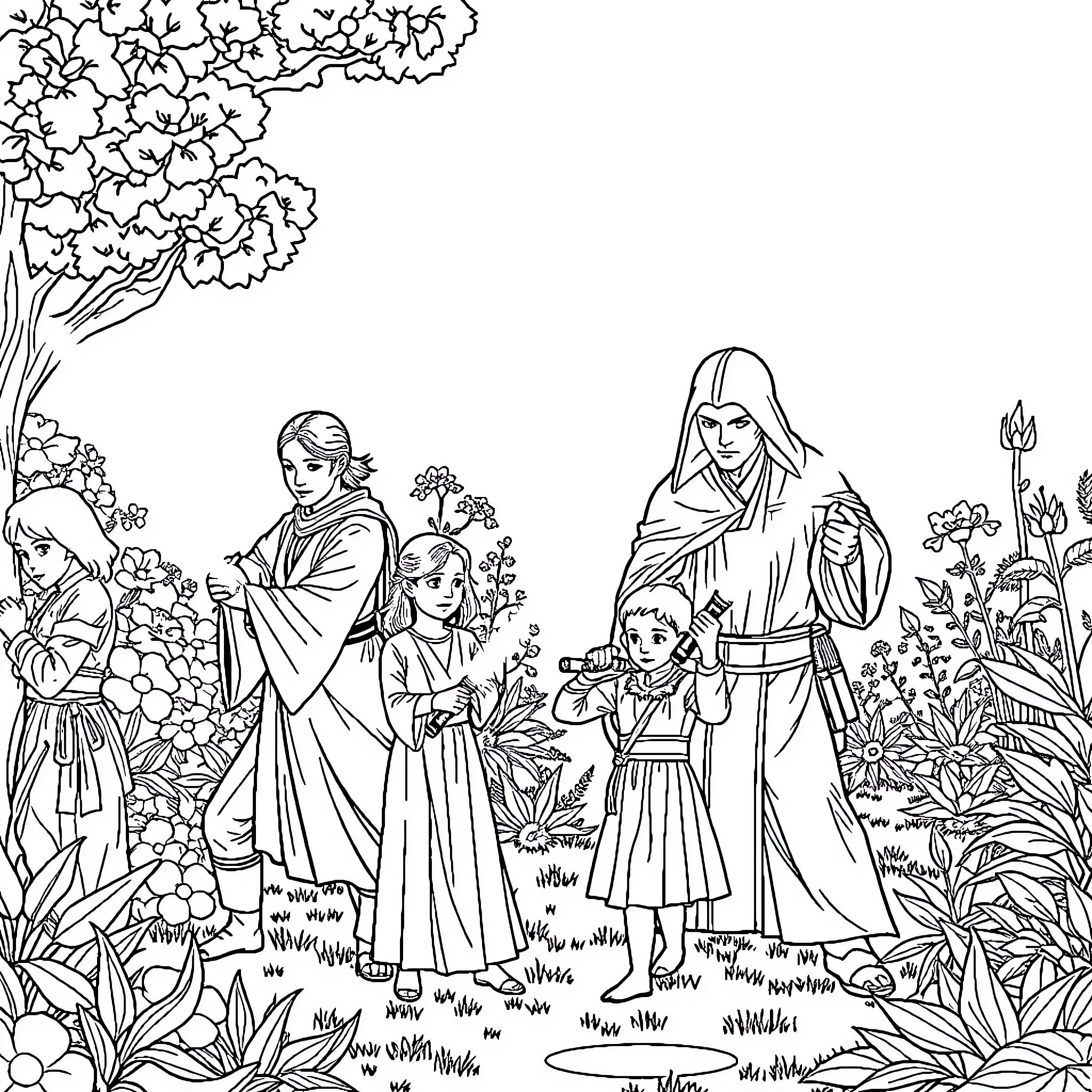 Jedi Family Exploration in Serene Wilderness Coloring Page (free black-and-white line drawing printable PDF for all, from beginners to advanced learners, including children, teens, adults, and seniors)