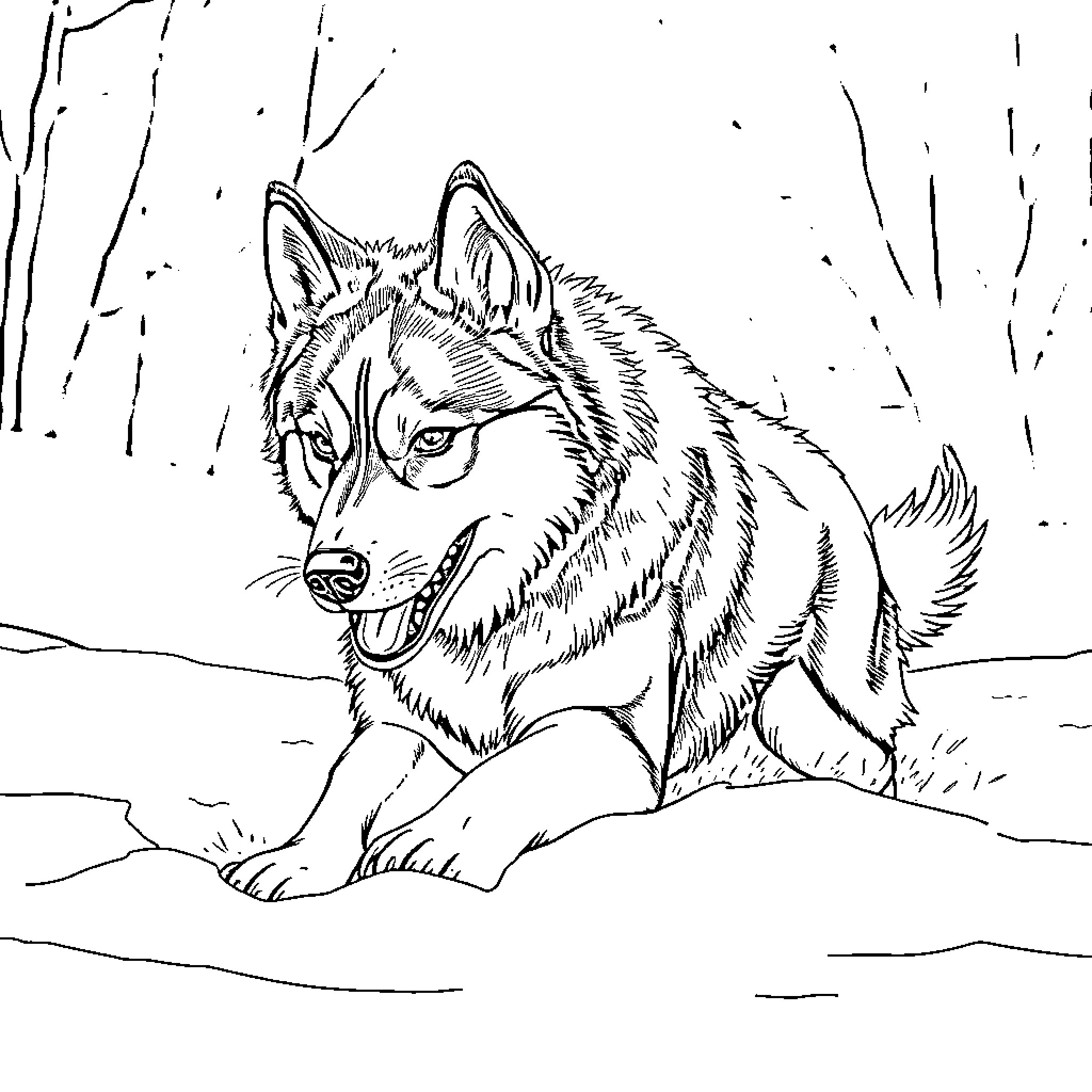 Siberian Husky sitting in the snow Coloring Page (free black-and-white line drawing printable PDF for all, from beginners to advanced learners, including children, teens, adults, and seniors)