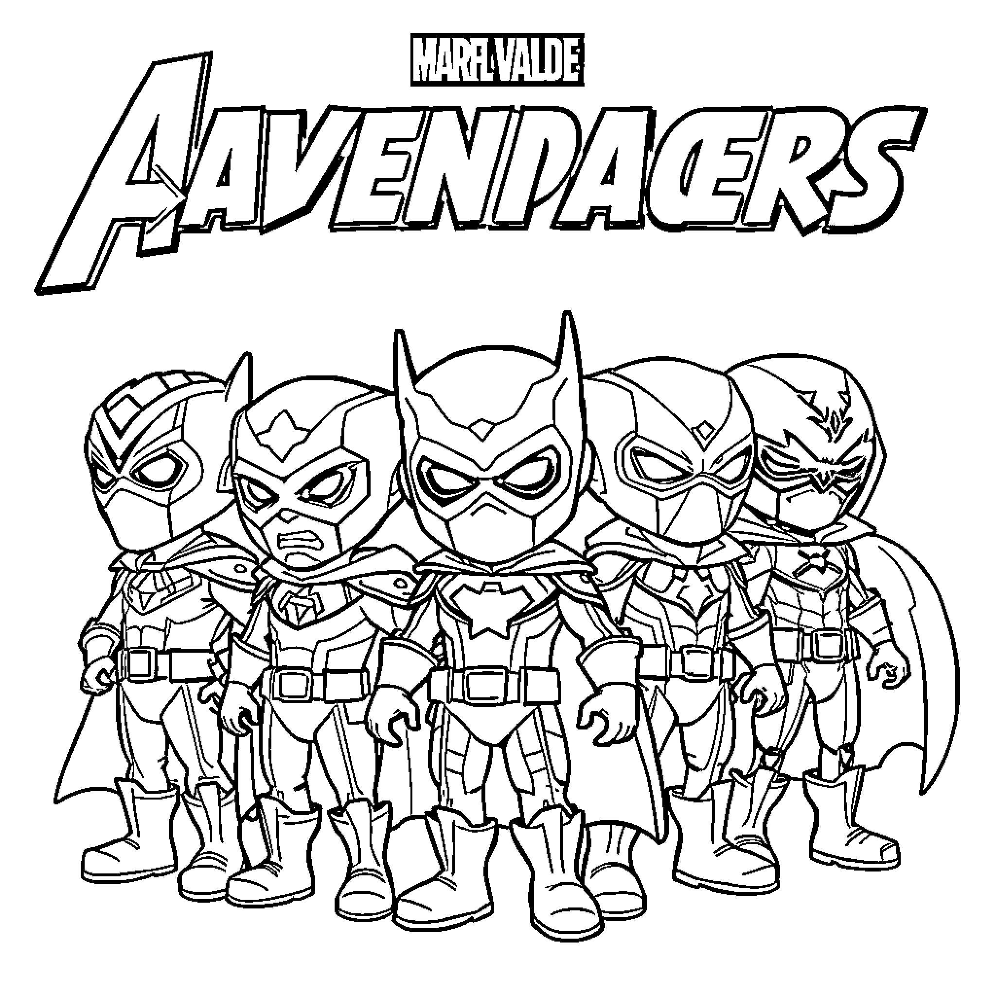 Hamster Avengers group portrait in action poses Coloring Page (free black-and-white line drawing printable PDF for all, from beginners to advanced learners, including children, teens, adults, and seniors)
