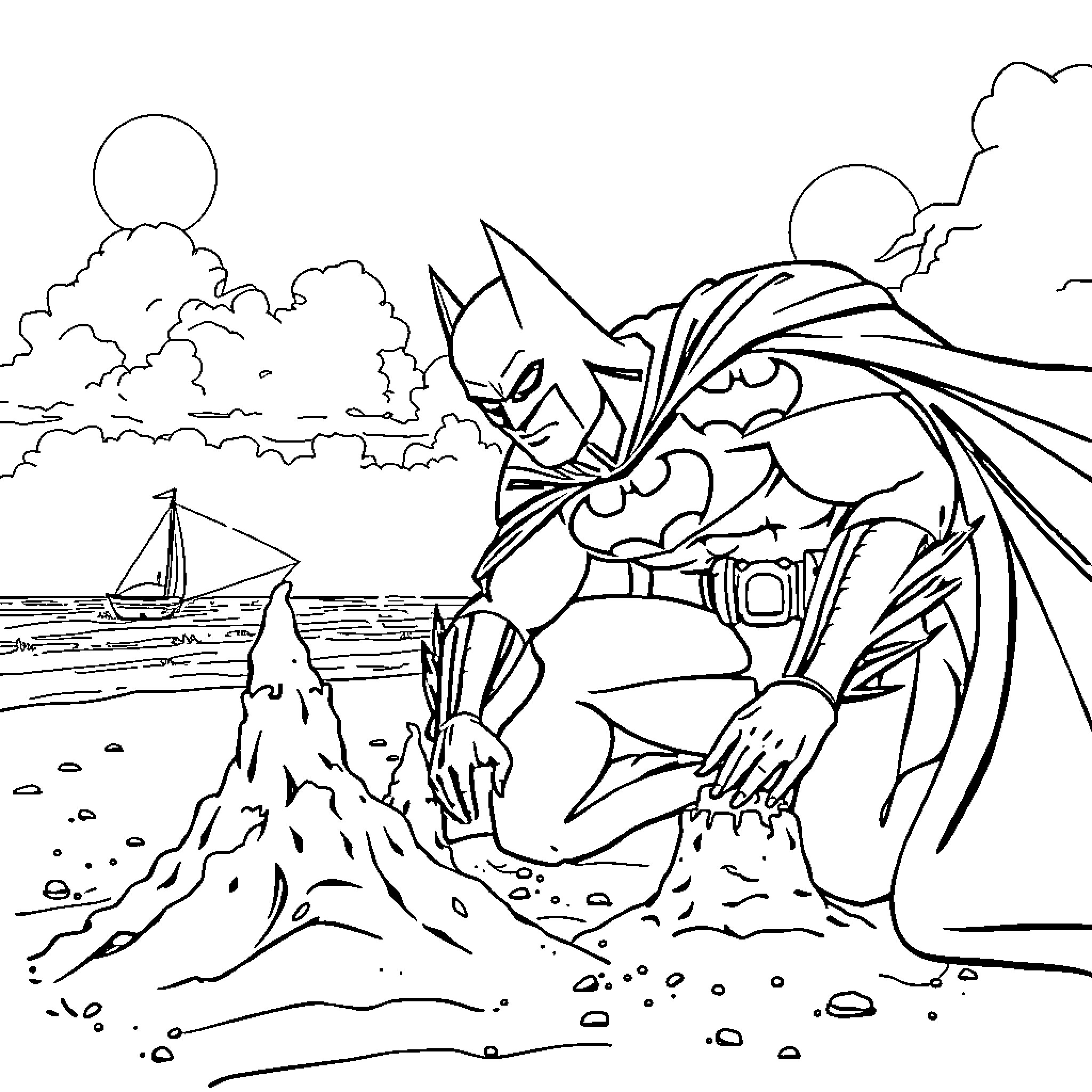 Batman surveying the coastal landscape Coloring Page (free black-and-white line drawing printable PDF for all, from beginners to advanced learners, including children, teens, adults, and seniors)