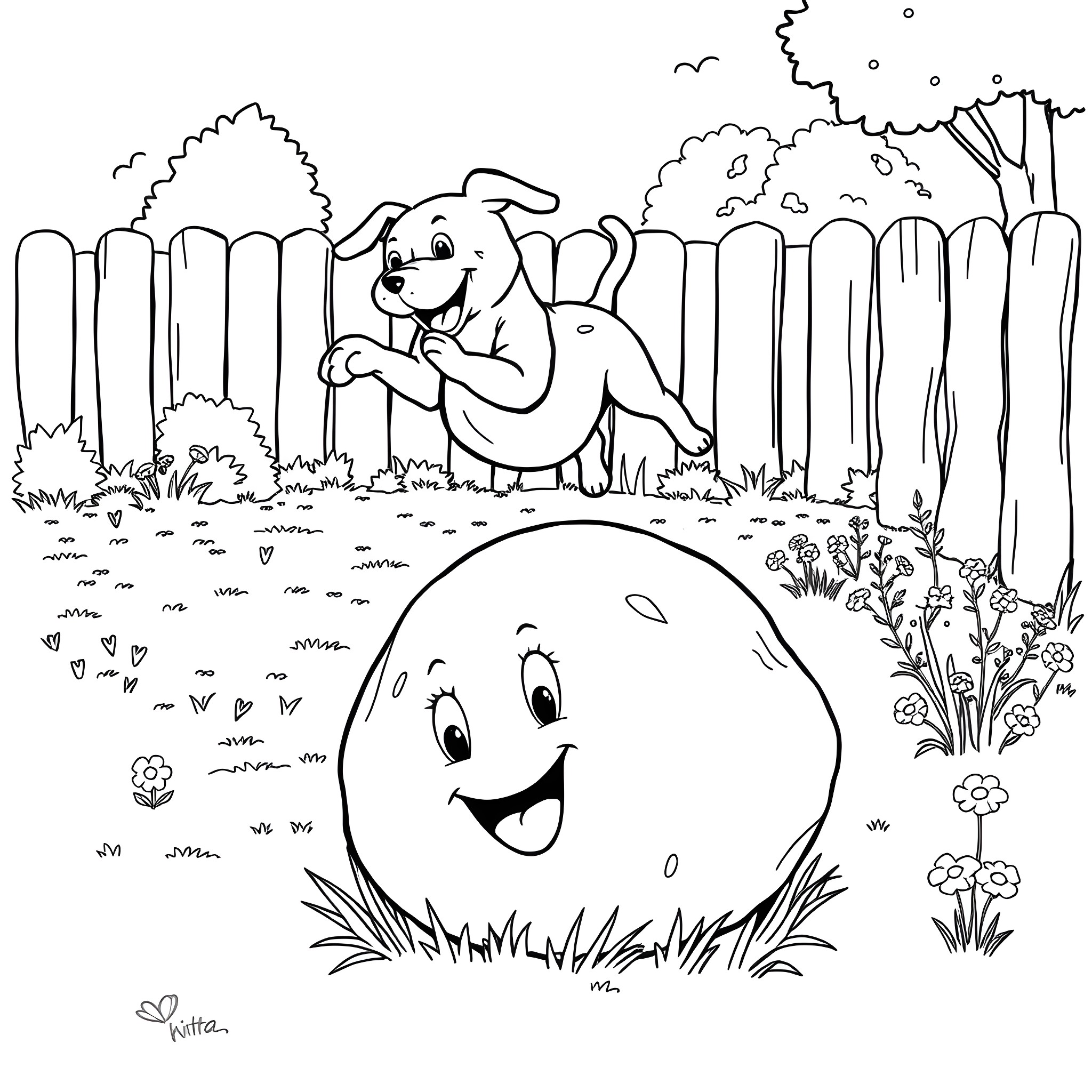 Dog chasing a happy egg in the garden Coloring Page (free black-and-white line drawing printable PDF for all, from beginners to advanced learners, including children, teens, adults, and seniors)