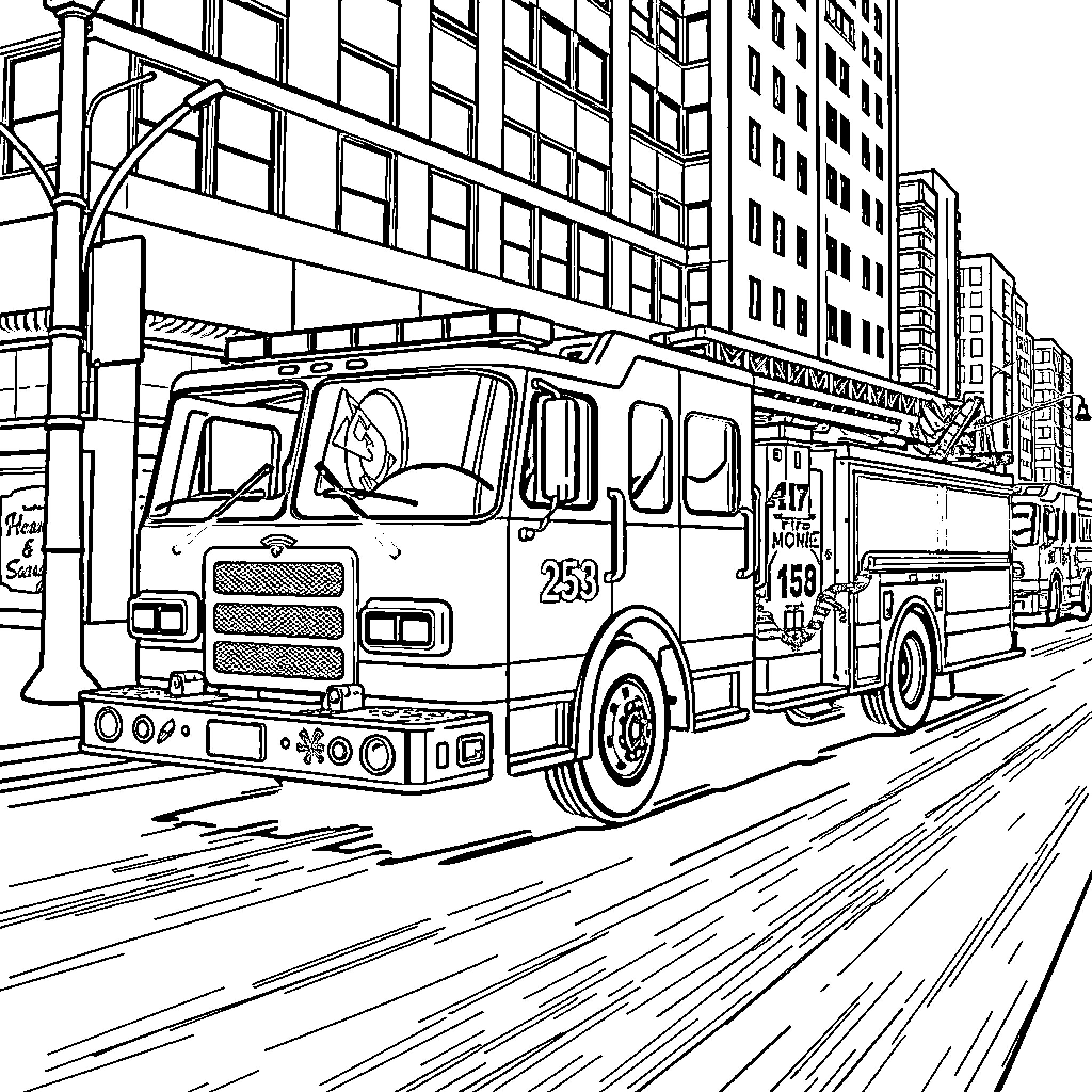 Fire Engine Responding to Emergency in City Coloring Page (free black-and-white line drawing printable PDF for all, from beginners to advanced learners, including children, teens, adults, and seniors)