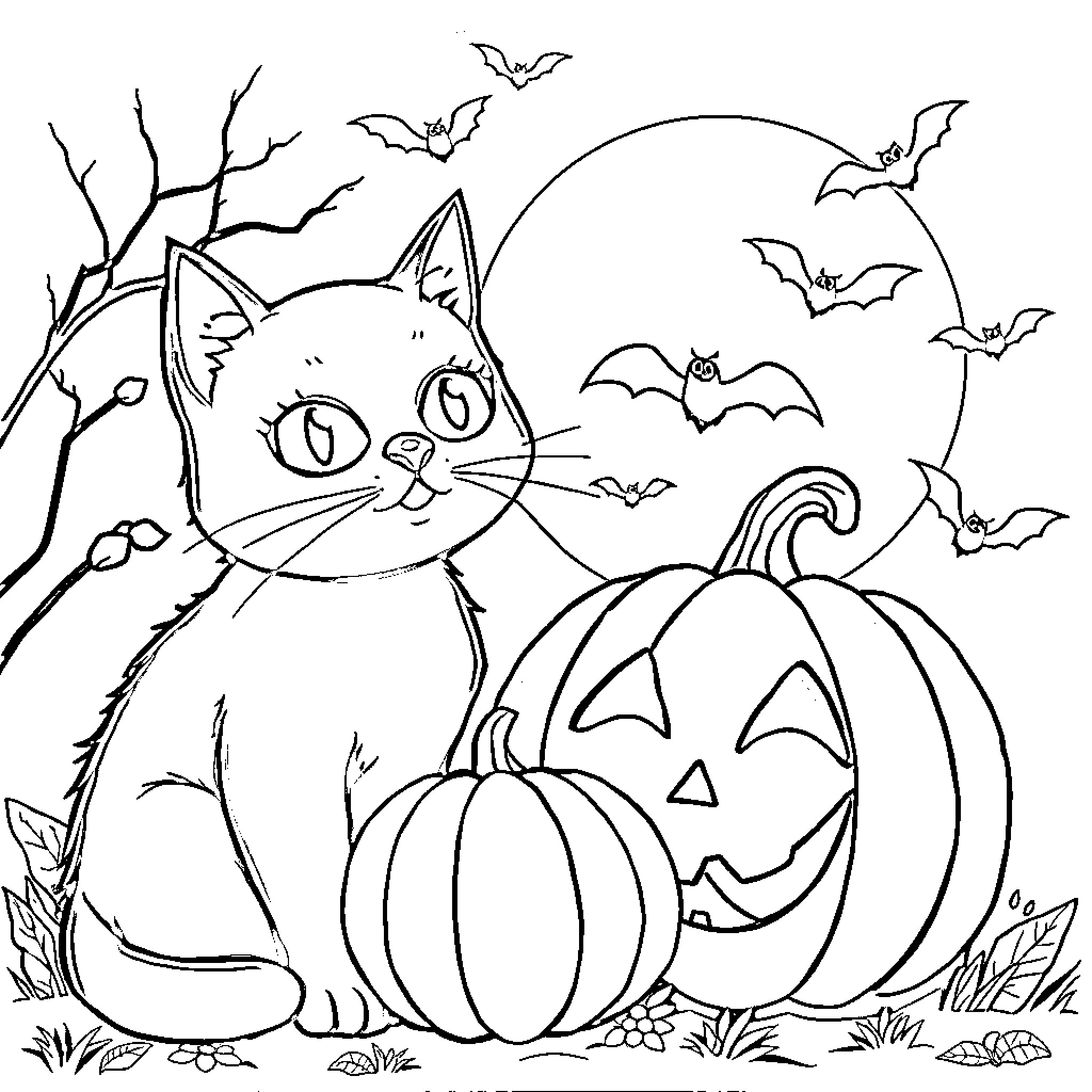 Cat and Pumpkins on Halloween Night Coloring Page (free black-and-white line drawing printable PDF for all, from beginners to advanced learners, including children, teens, adults, and seniors)