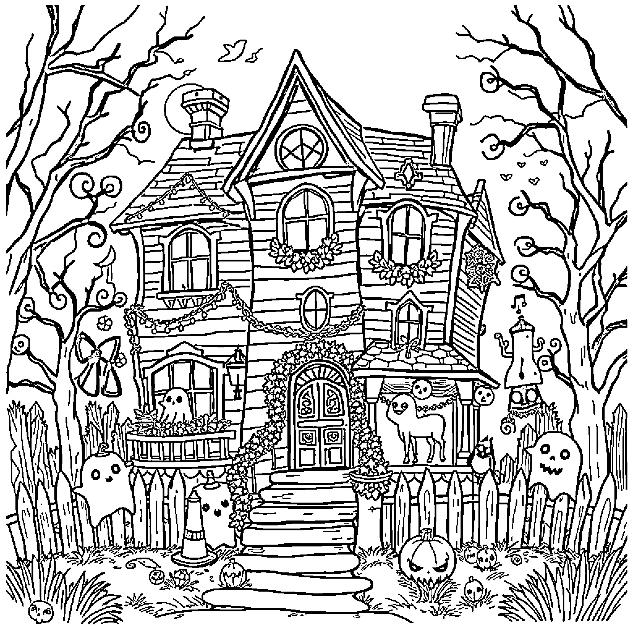 Haunted House with Spooky Decorations and Creatures Coloring Page (free black-and-white line drawing printable PDF for all, from beginners to advanced learners, including children, teens, adults, and seniors)