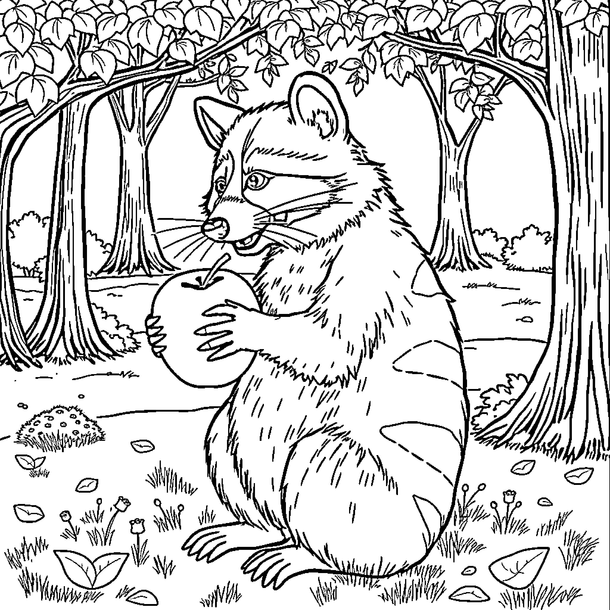 Raccoon exploring the forest Coloring Page (free black-and-white line drawing printable PDF for all, from beginners to advanced learners, including children, teens, adults, and seniors)