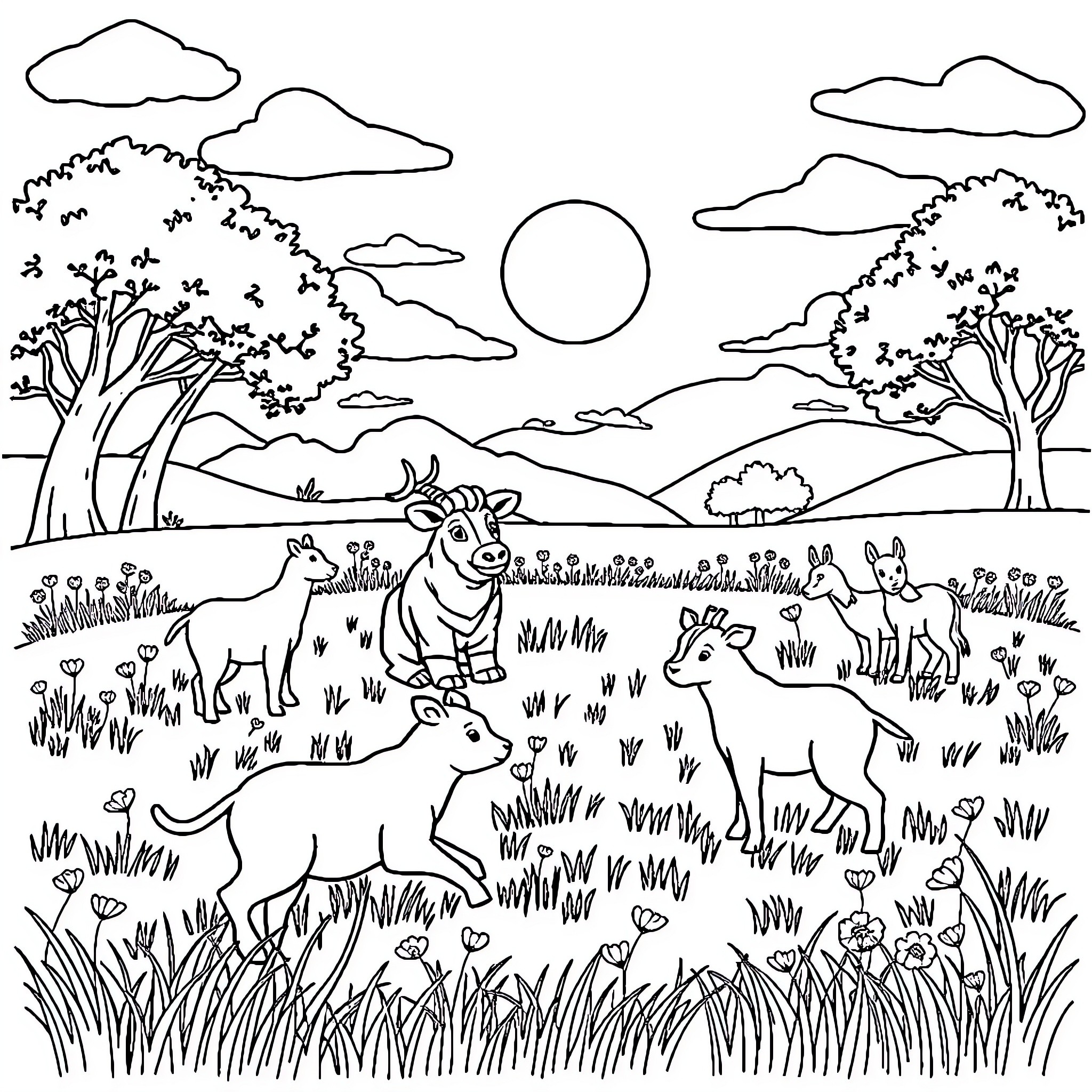 Animal family enjoying a sunny day in the meadow Coloring Page (free black-and-white line drawing printable PDF for all, from beginners to advanced learners, including children, teens, adults, and seniors)